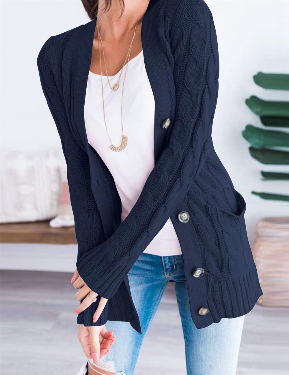 image:imageMEROKEETY Womens Fall 2026 Long Sleeve Cable Knit Cardigan SweatersNavy