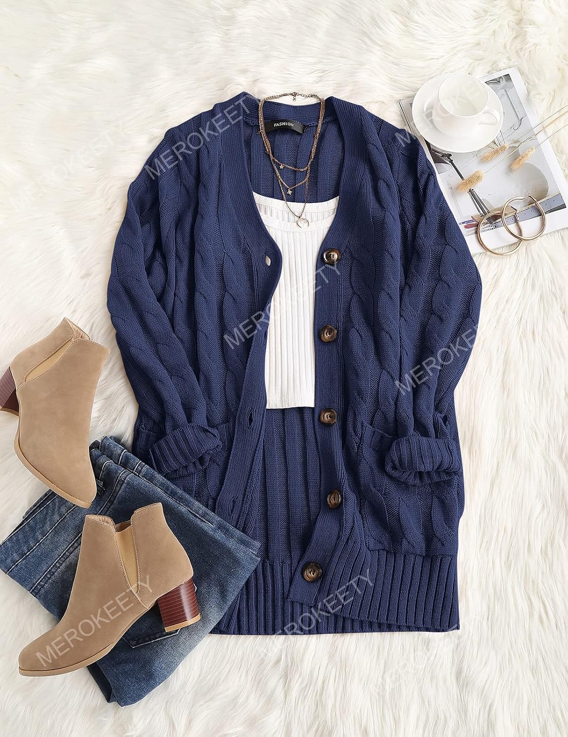 image:imageMEROKEETY Womens Fall 2026 Long Sleeve Cable Knit Cardigan SweatersNavy
