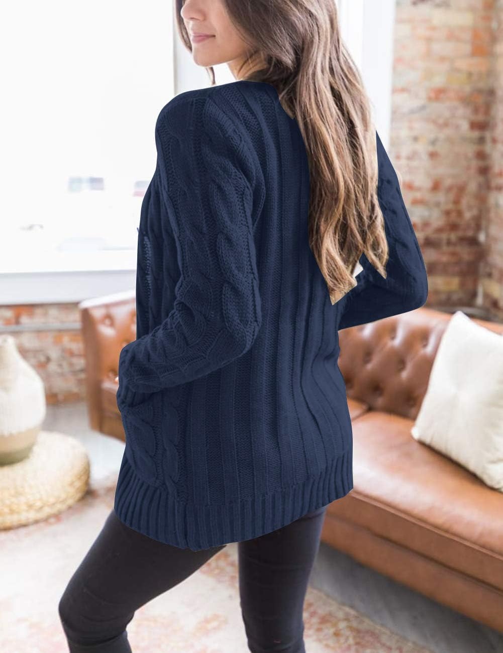 image:imageMEROKEETY Womens Fall 2026 Long Sleeve Cable Knit Cardigan SweatersNavy