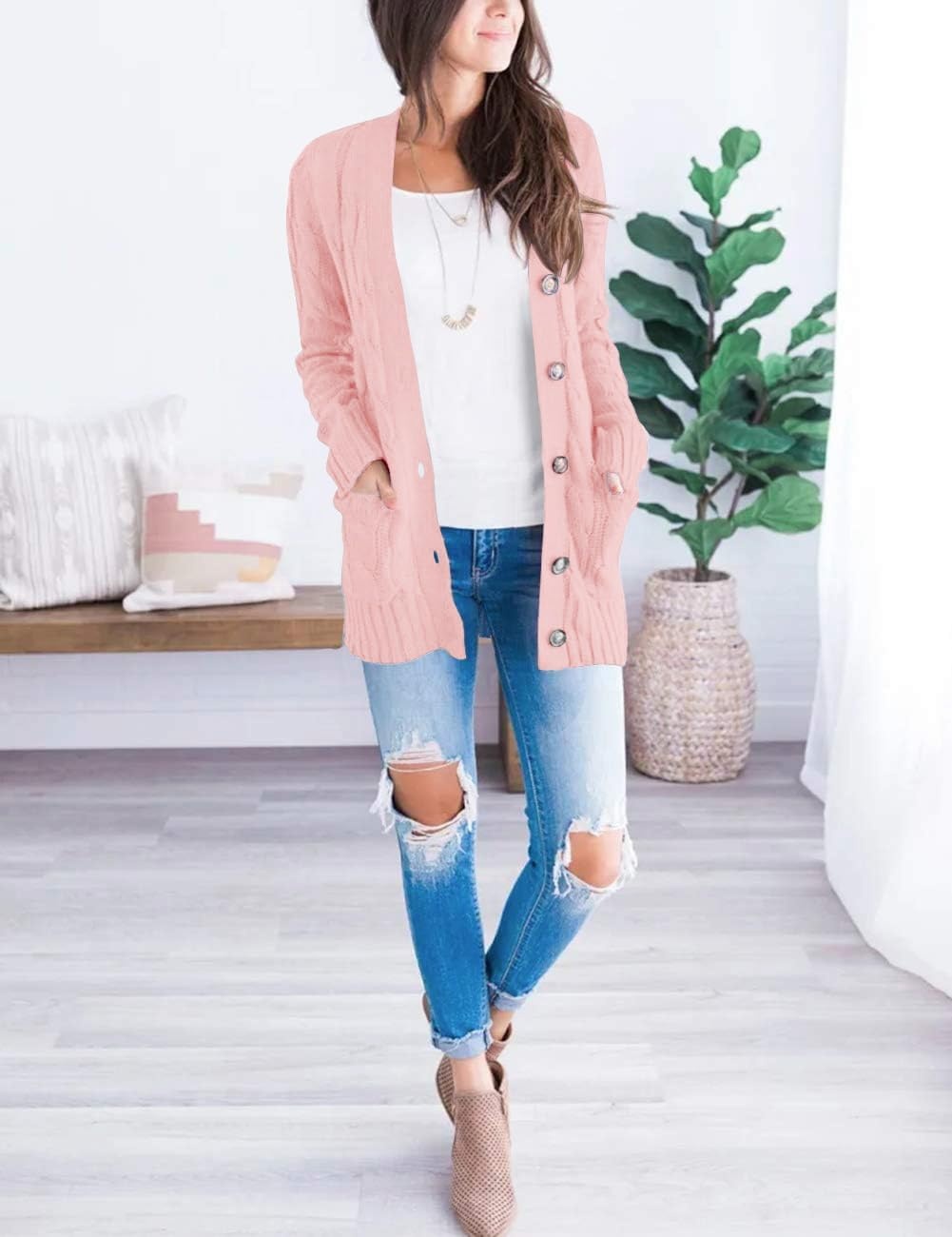 image:imageMEROKEETY Womens Fall 2026 Long Sleeve Cable Knit Cardigan SweatersPink