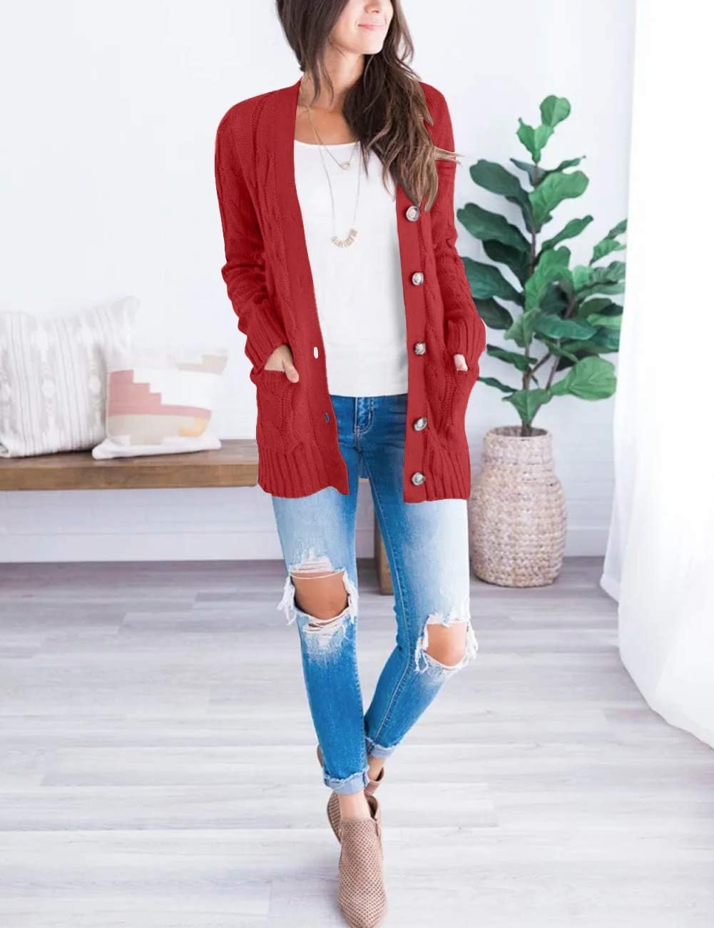image:imageMEROKEETY Womens Fall 2026 Long Sleeve Cable Knit Cardigan SweatersRed
