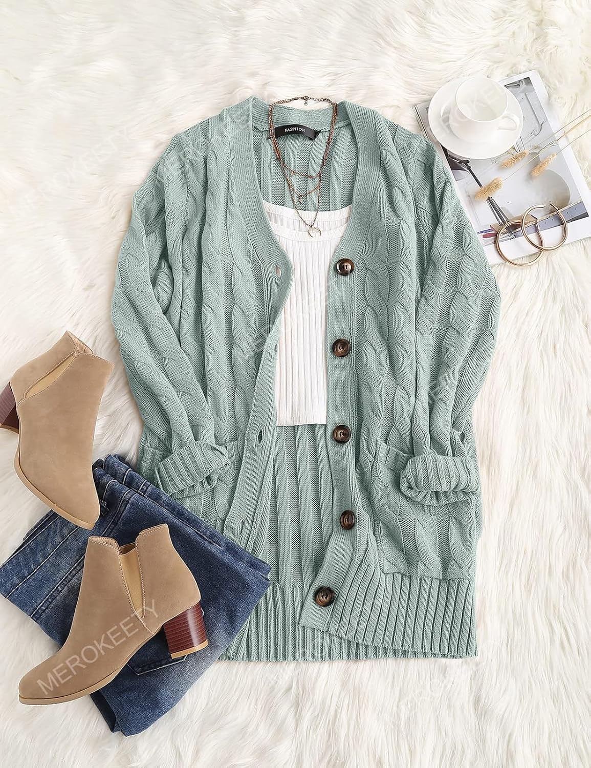 image:imageMEROKEETY Womens Fall 2026 Long Sleeve Cable Knit Cardigan SweatersSage