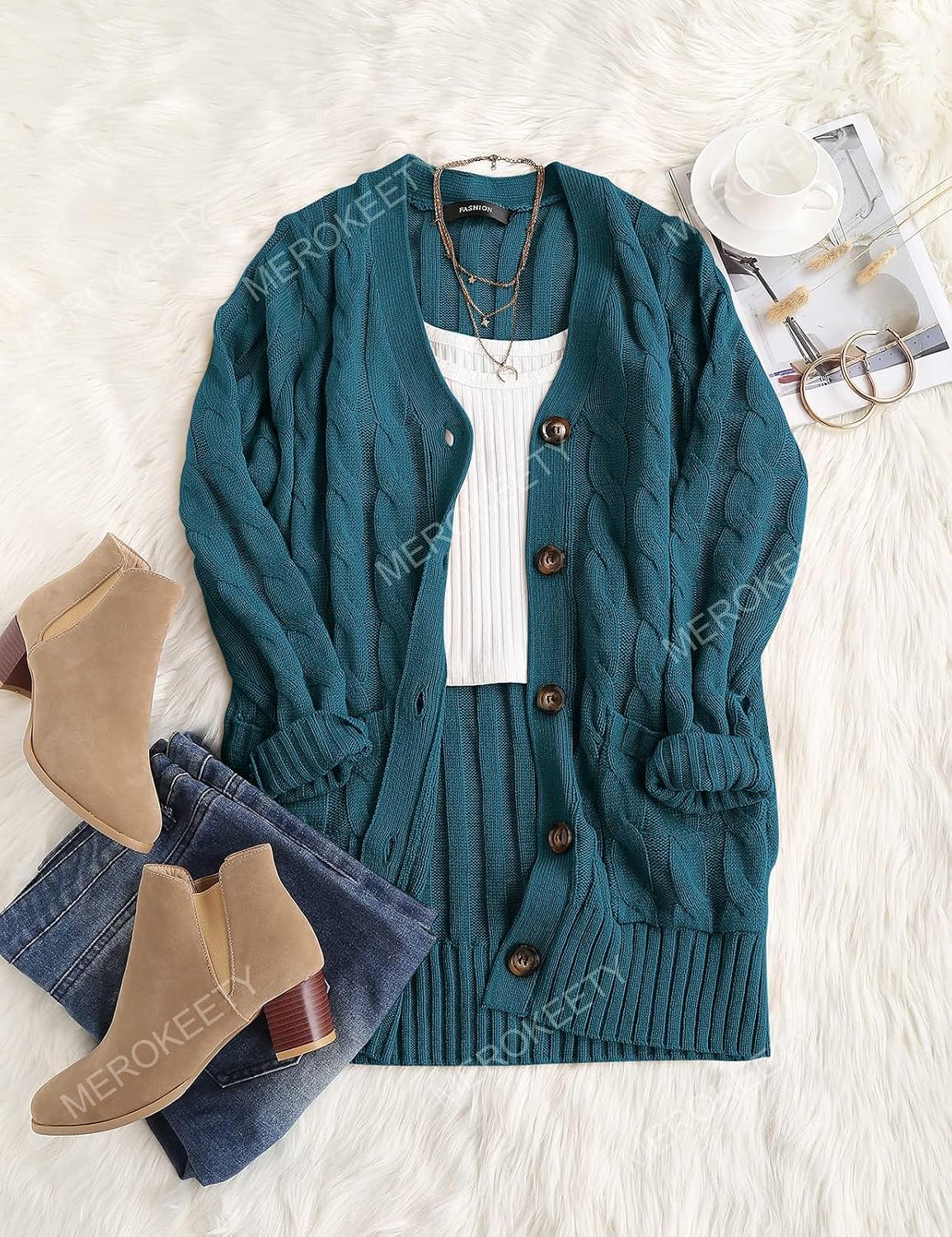 image:imageMEROKEETY Womens Fall 2026 Long Sleeve Cable Knit Cardigan SweatersTeal