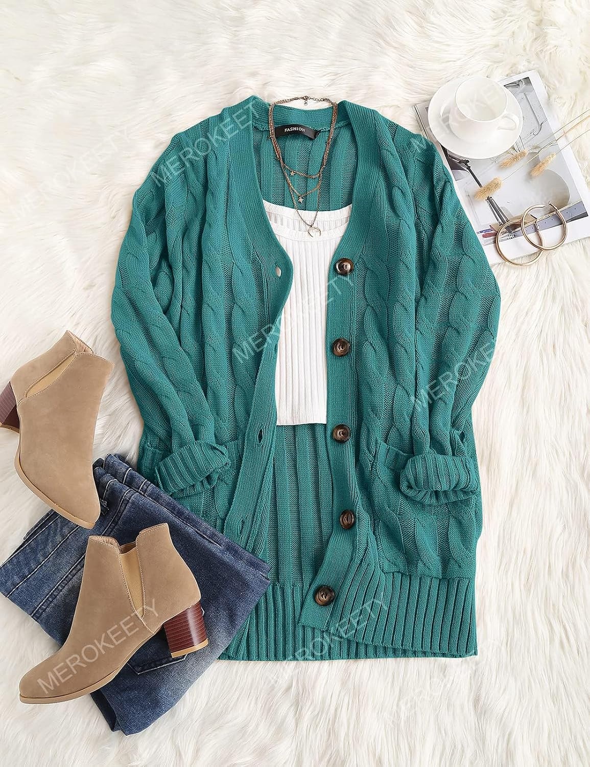 image:imageMEROKEETY Womens Fall 2026 Long Sleeve Cable Knit Cardigan SweatersTeal Green