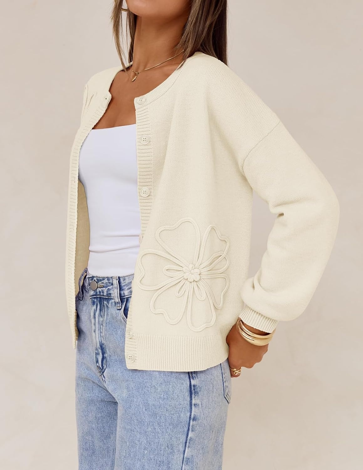 image:imageMEROKEETY Womens Fall Floral Button Up Lightweight Cardigan Sweater TrendyBeige