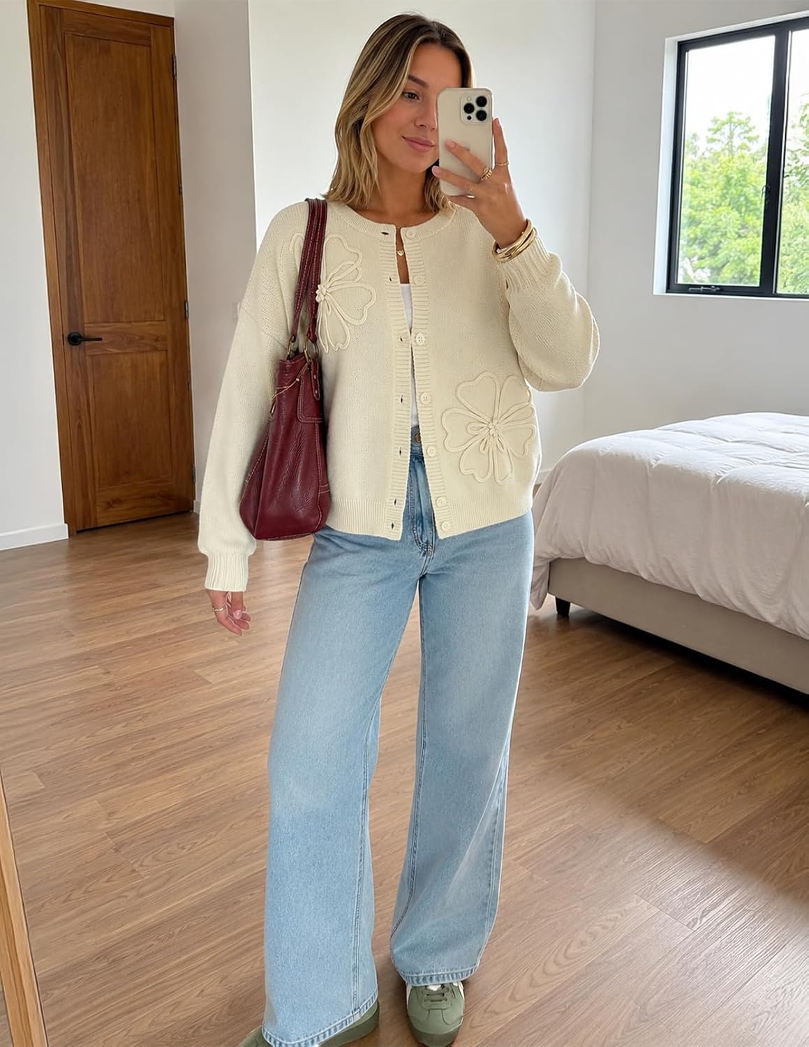 image:imageMEROKEETY Womens Fall Floral Button Up Lightweight Cardigan Sweater TrendyBeige