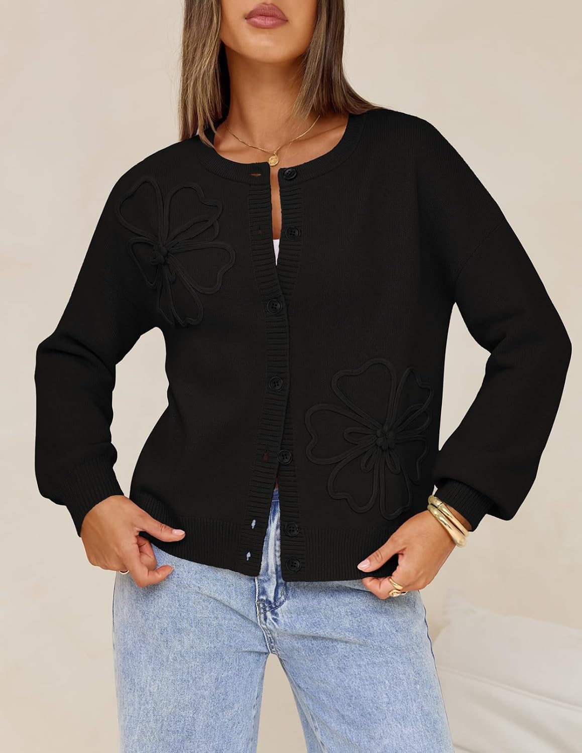 image:imageMEROKEETY Womens Fall Floral Button Up Lightweight Cardigan Sweater TrendyBlack