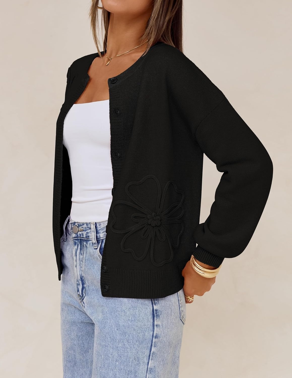 image:imageMEROKEETY Womens Fall Floral Button Up Lightweight Cardigan Sweater TrendyBlack