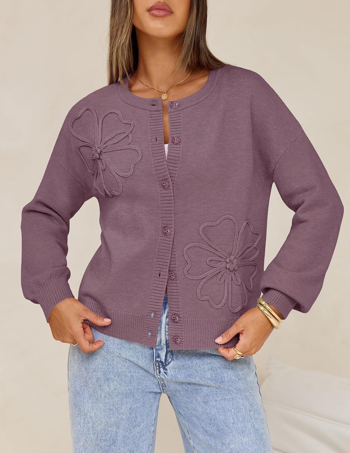 image:imageMEROKEETY Womens Fall Floral Button Up Lightweight Cardigan Sweater TrendyPurple