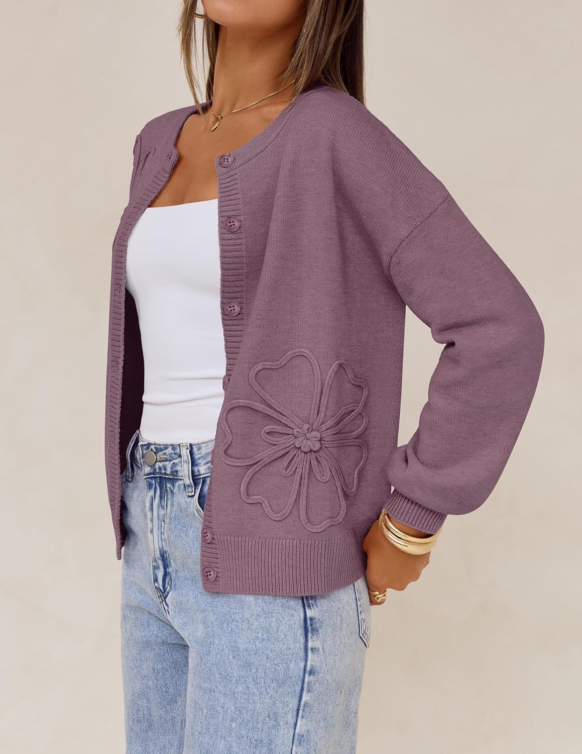 image:imageMEROKEETY Womens Fall Floral Button Up Lightweight Cardigan Sweater TrendyPurple