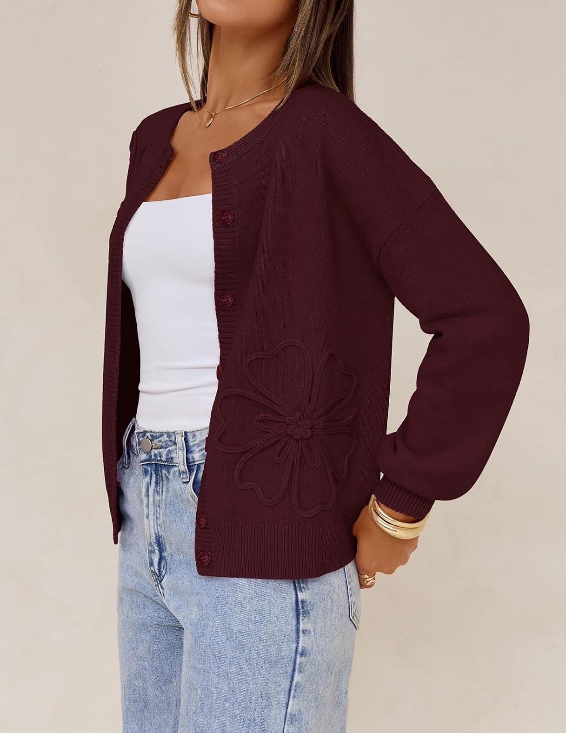 image:imageMEROKEETY Womens Fall Floral Button Up Lightweight Cardigan Sweater TrendyWine