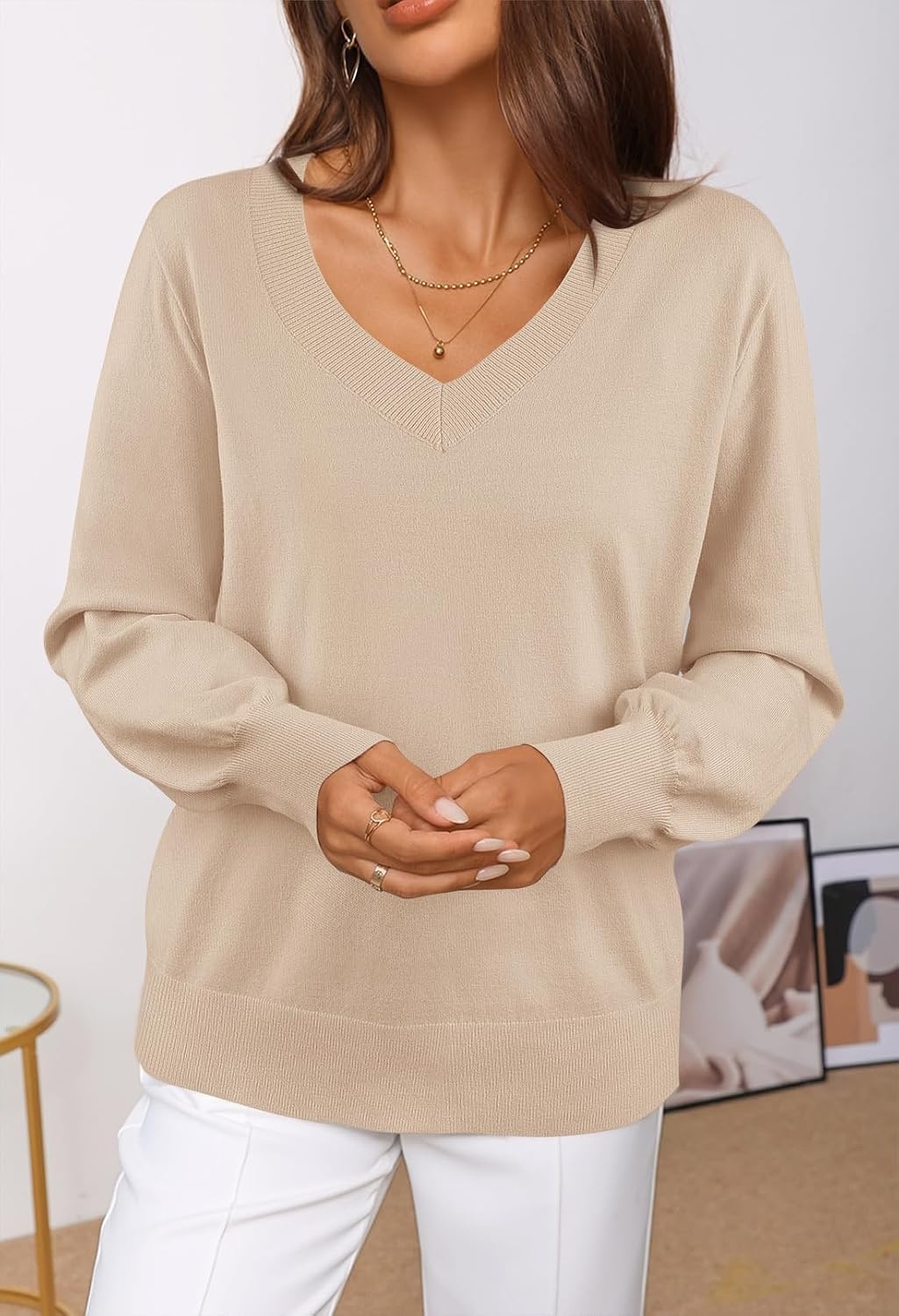 image:imageMEROKEETY Womens Fall Long Sleeve V Neck Sweaters Lightweight Knit TopsAlmond