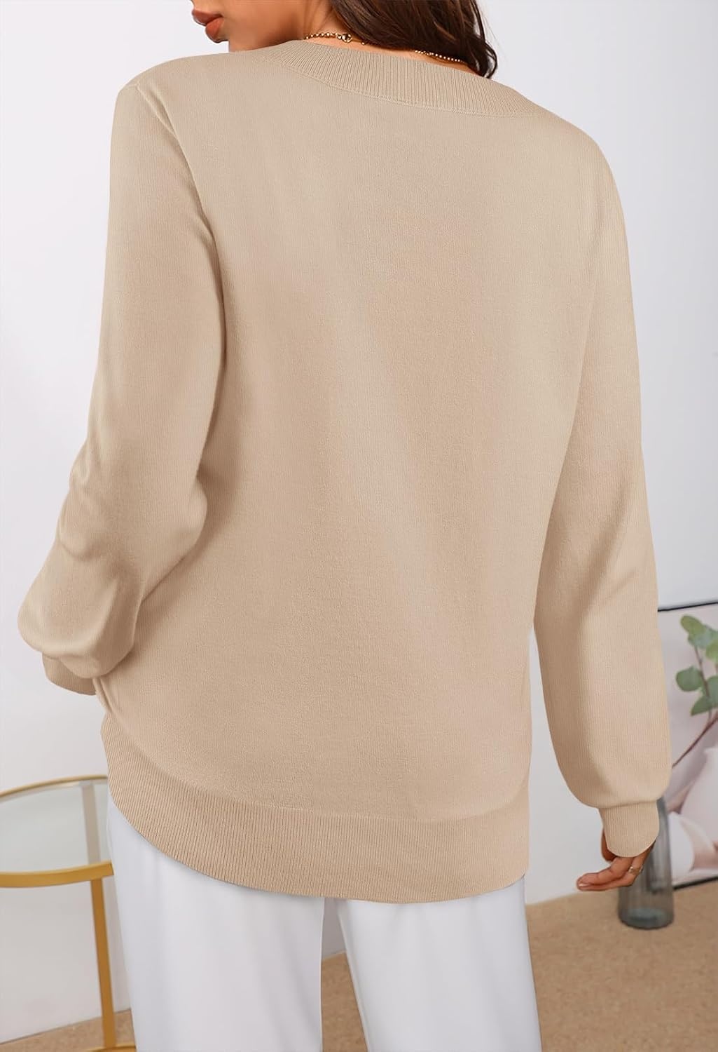 image:imageMEROKEETY Womens Fall Long Sleeve V Neck Sweaters Lightweight Knit TopsAlmond
