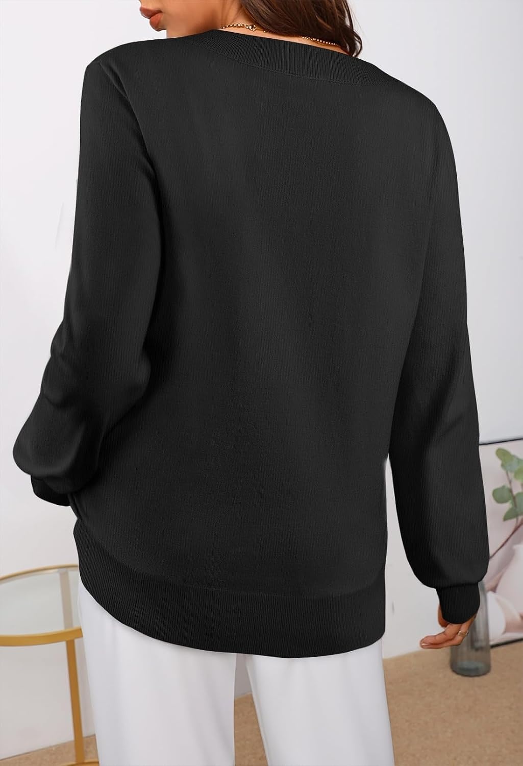 image:imageMEROKEETY Womens Fall Long Sleeve V Neck Sweaters Lightweight Knit TopsBlack