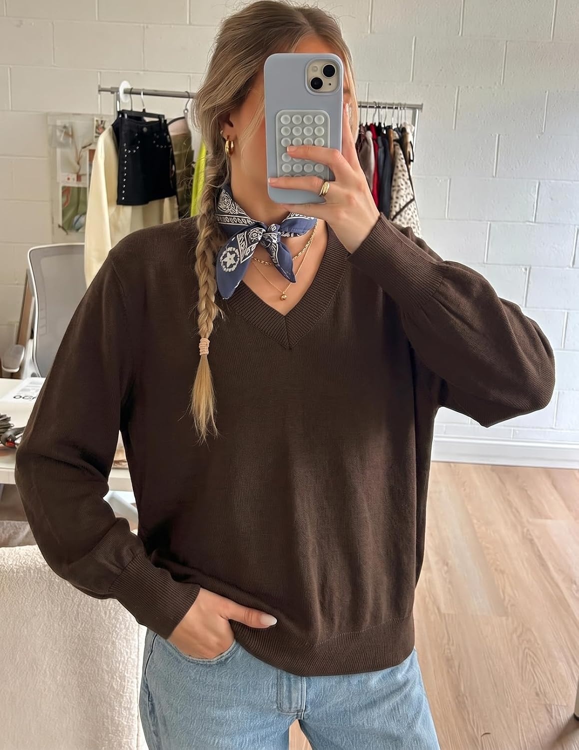 image:imageMEROKEETY Womens Fall Long Sleeve V Neck Sweaters Lightweight Knit TopsBrown