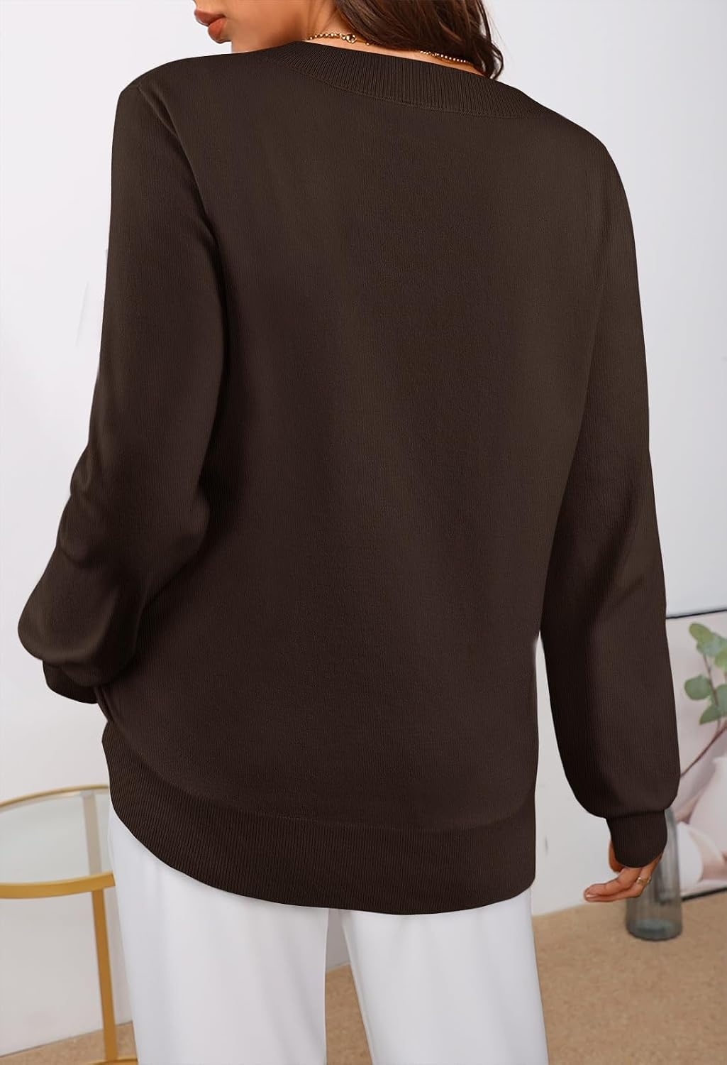 image:imageMEROKEETY Womens Fall Long Sleeve V Neck Sweaters Lightweight Knit TopsBrown