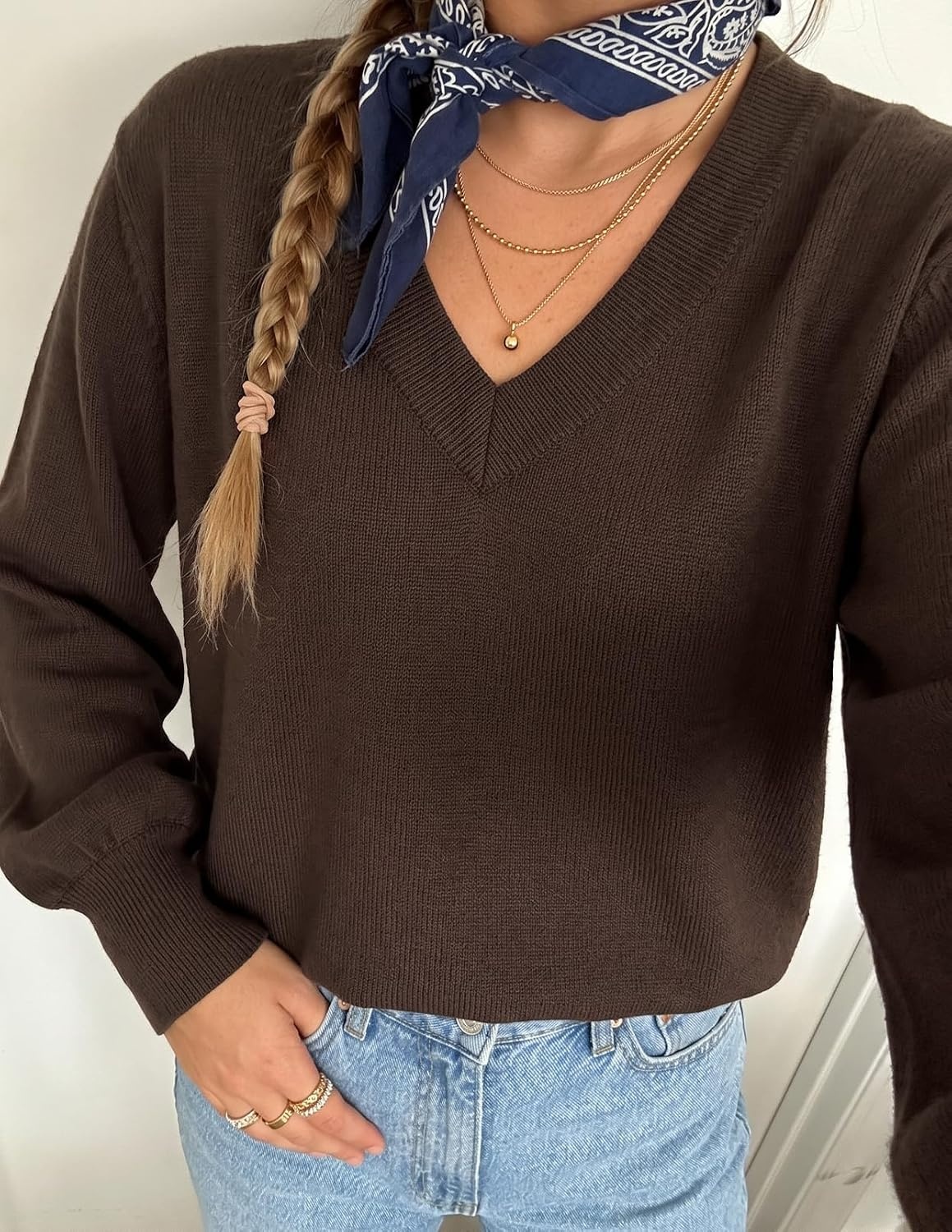 image:imageMEROKEETY Womens Fall Long Sleeve V Neck Sweaters Lightweight Knit TopsBrown