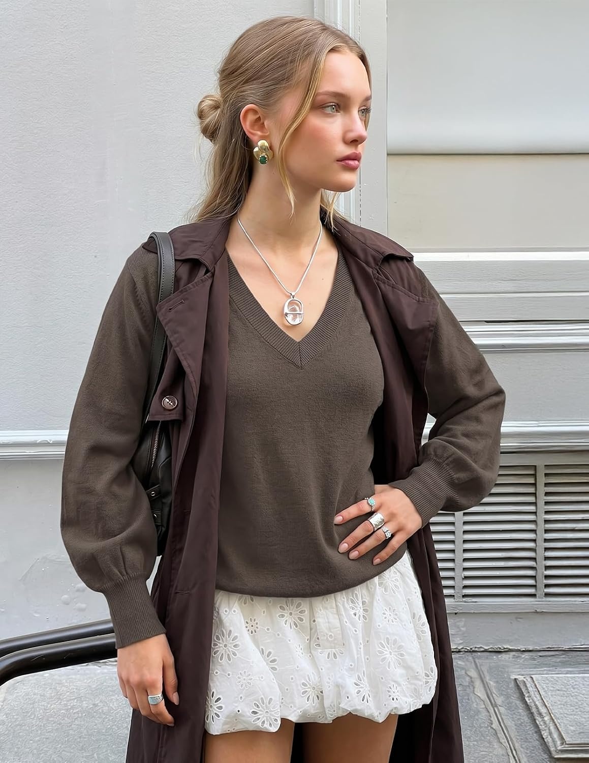 image:imageMEROKEETY Womens Fall Long Sleeve V Neck Sweaters Lightweight Knit TopsCoffee