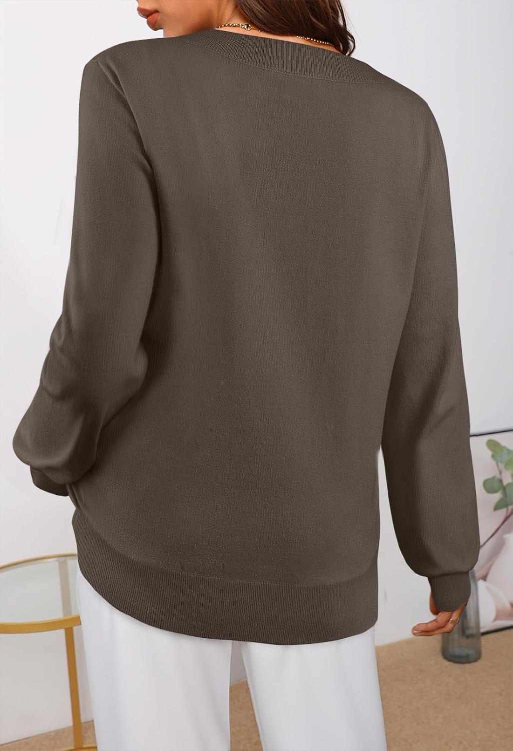 image:imageMEROKEETY Womens Fall Long Sleeve V Neck Sweaters Lightweight Knit TopsCoffee
