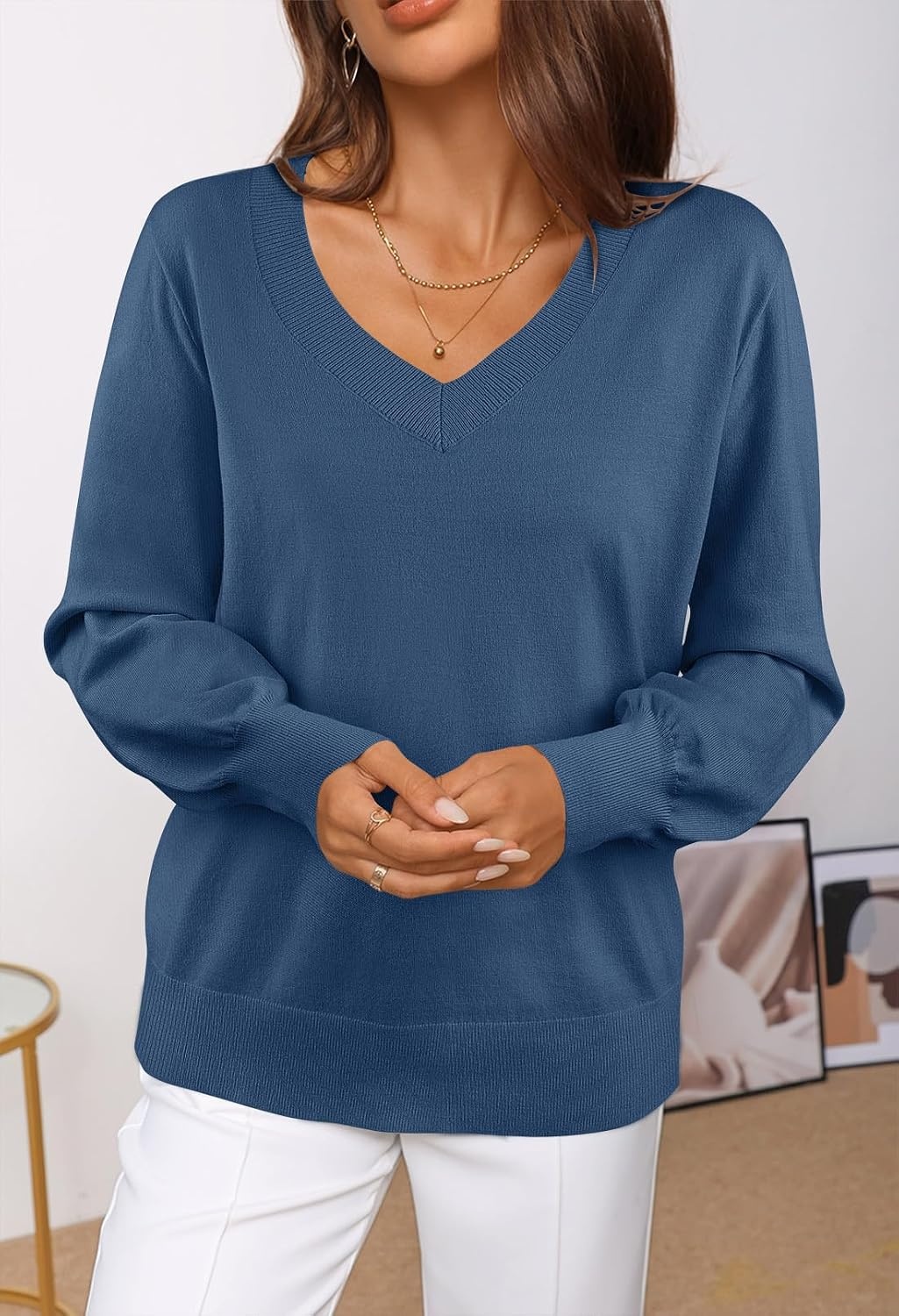 image:imageMEROKEETY Womens Fall Long Sleeve V Neck Sweaters Lightweight Knit TopsDarkblue