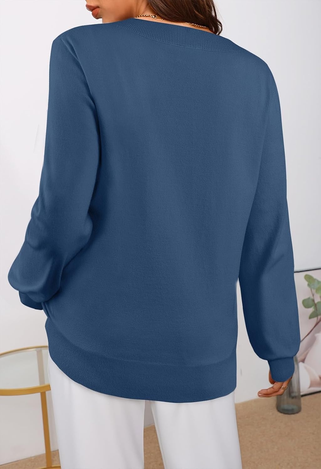 image:imageMEROKEETY Womens Fall Long Sleeve V Neck Sweaters Lightweight Knit TopsDarkblue