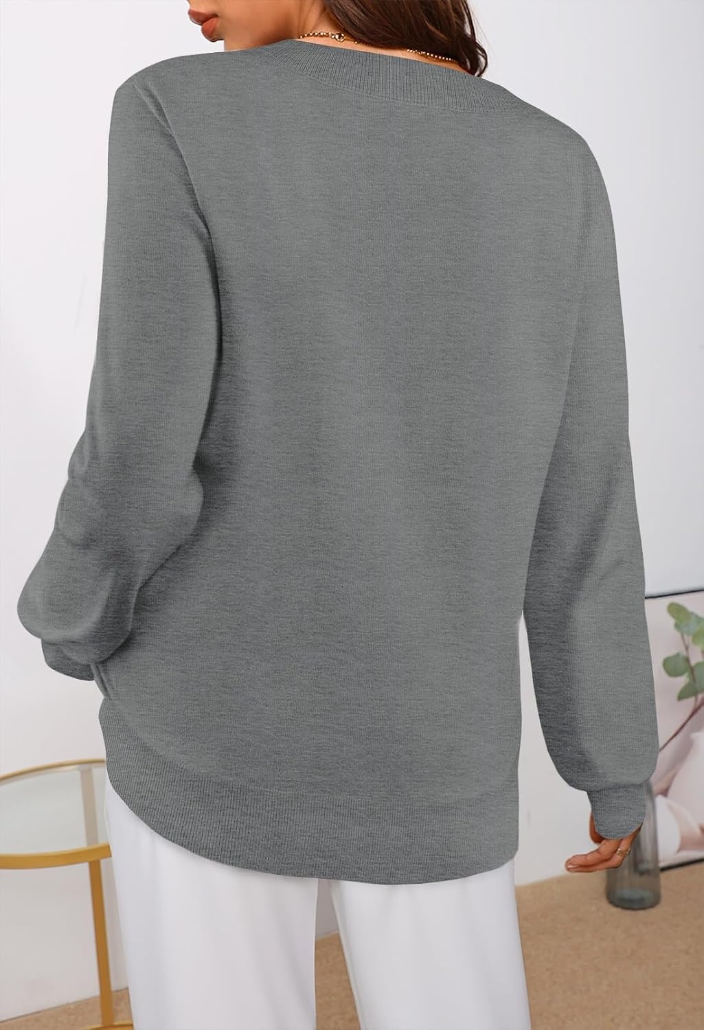 image:imageMEROKEETY Womens Fall Long Sleeve V Neck Sweaters Lightweight Knit TopsGray