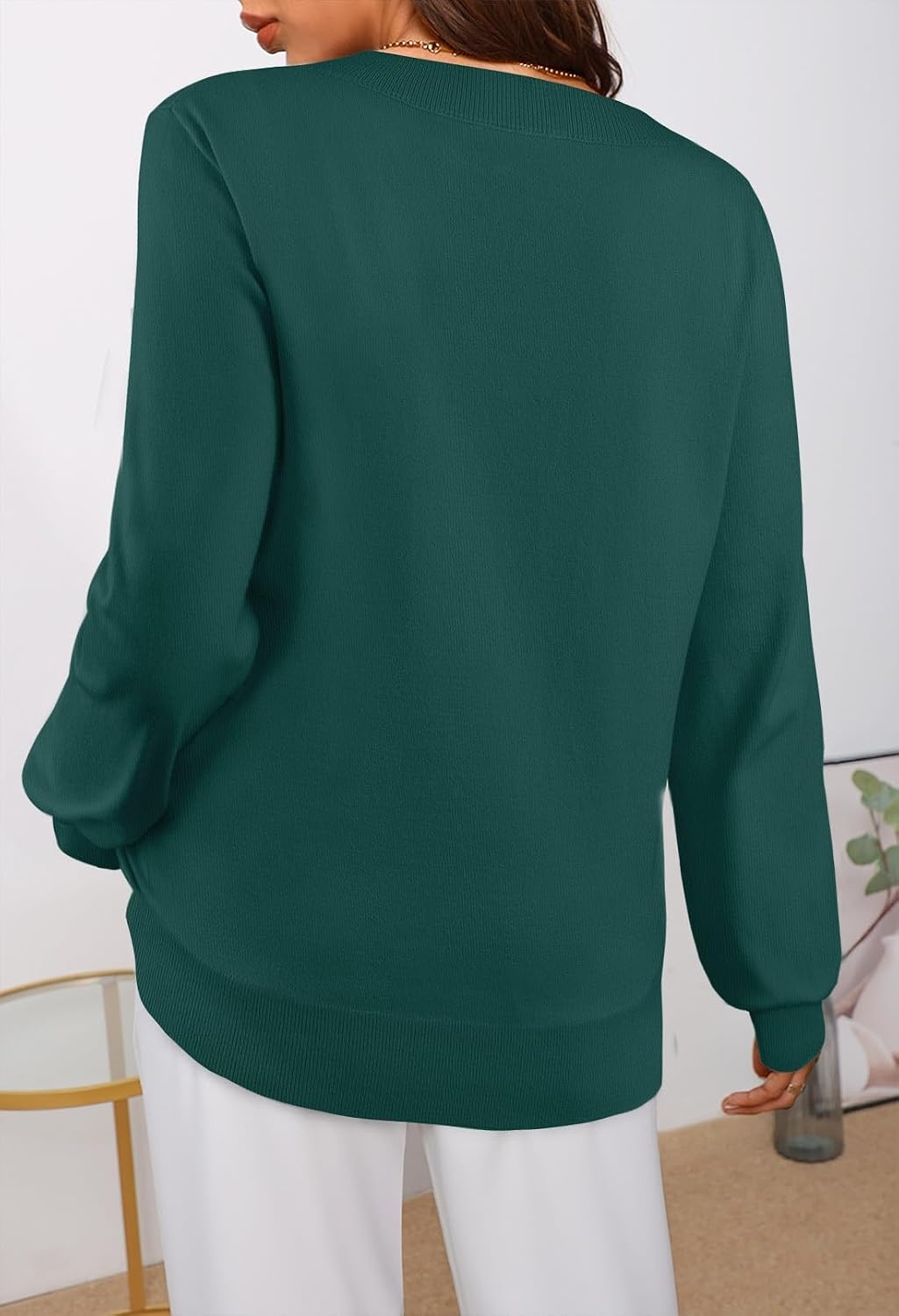 image:imageMEROKEETY Womens Fall Long Sleeve V Neck Sweaters Lightweight Knit TopsGreen