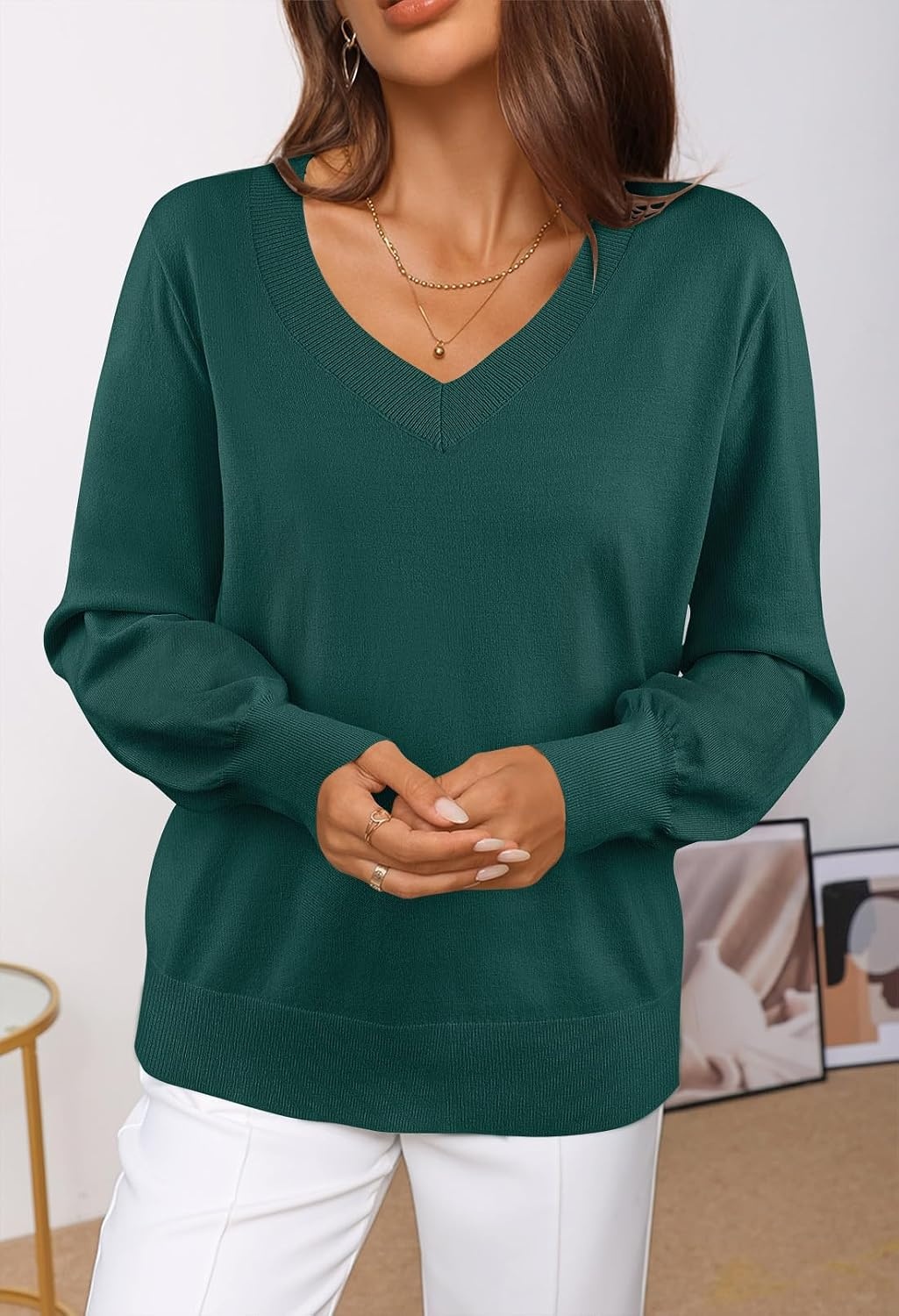 image:imageMEROKEETY Womens Fall Long Sleeve V Neck Sweaters Lightweight Knit TopsGreen