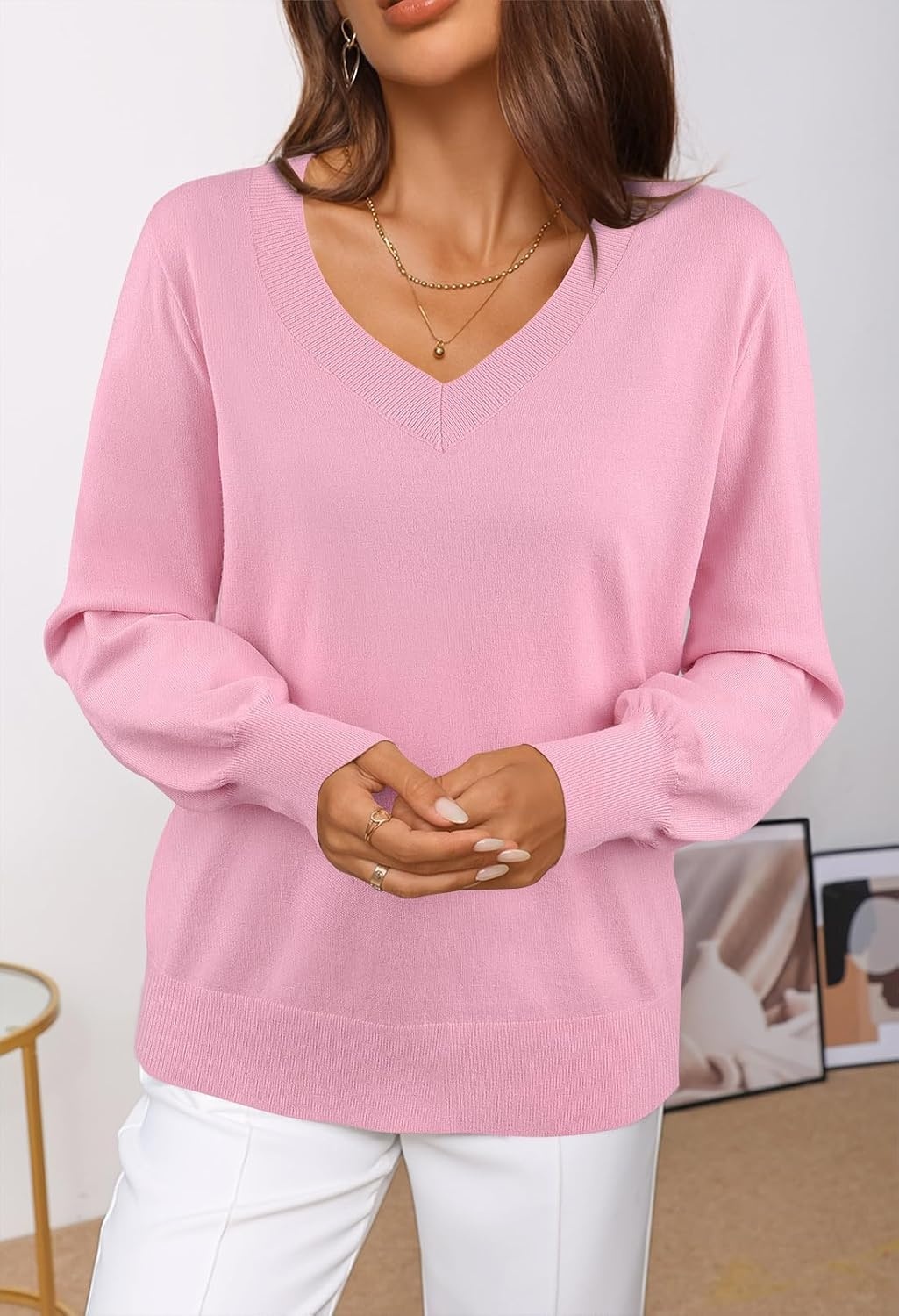 image:imageMEROKEETY Womens Fall Long Sleeve V Neck Sweaters Lightweight Knit TopsLight Pink