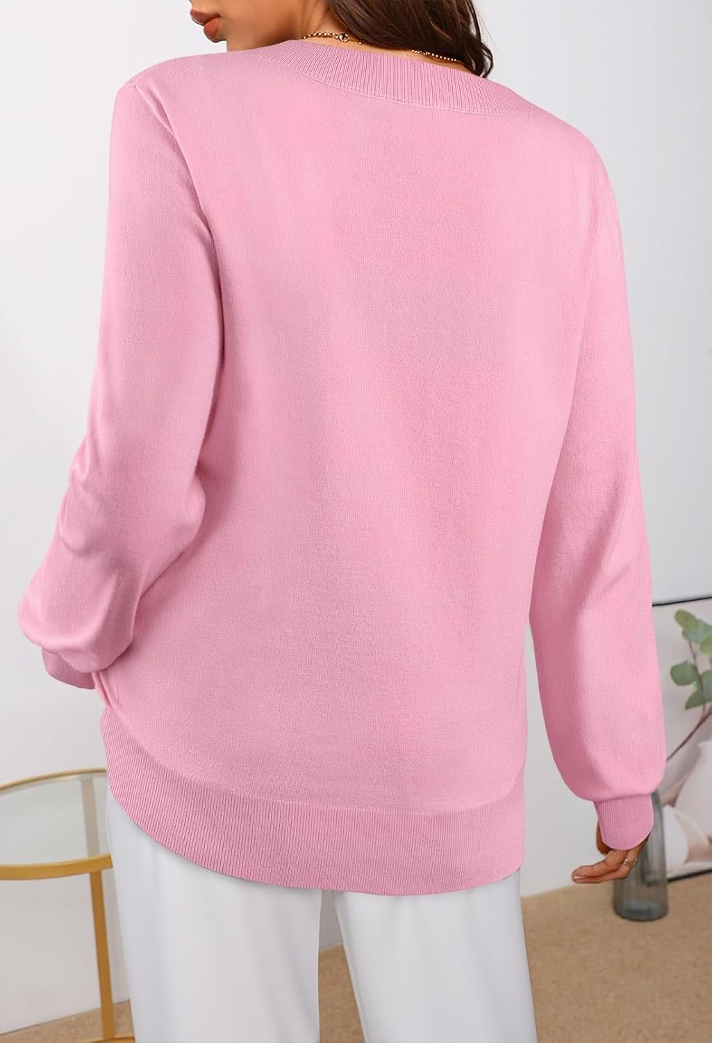 image:imageMEROKEETY Womens Fall Long Sleeve V Neck Sweaters Lightweight Knit TopsLight Pink