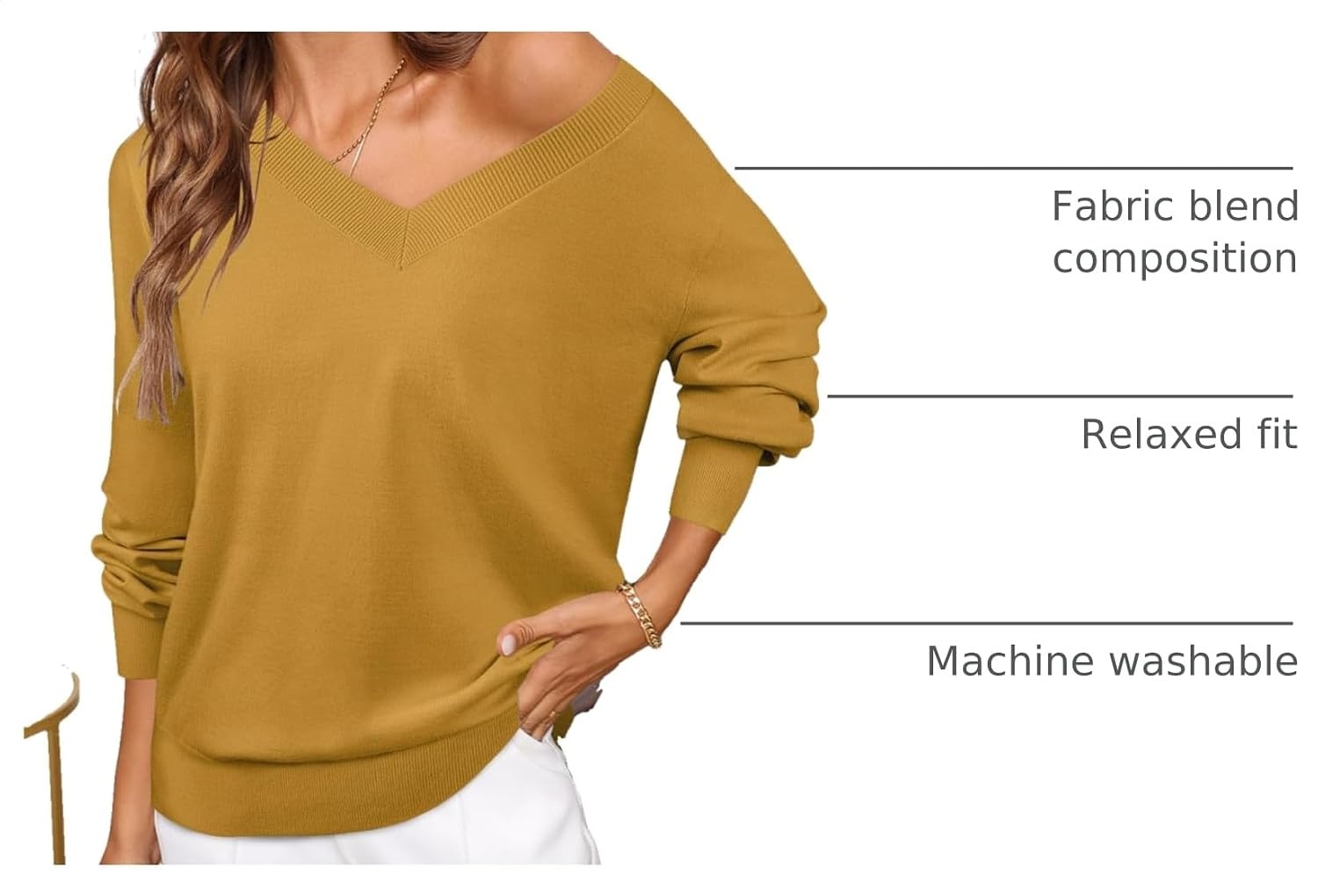 image:imageMEROKEETY Womens Fall Long Sleeve V Neck Sweaters Lightweight Knit TopsMustard