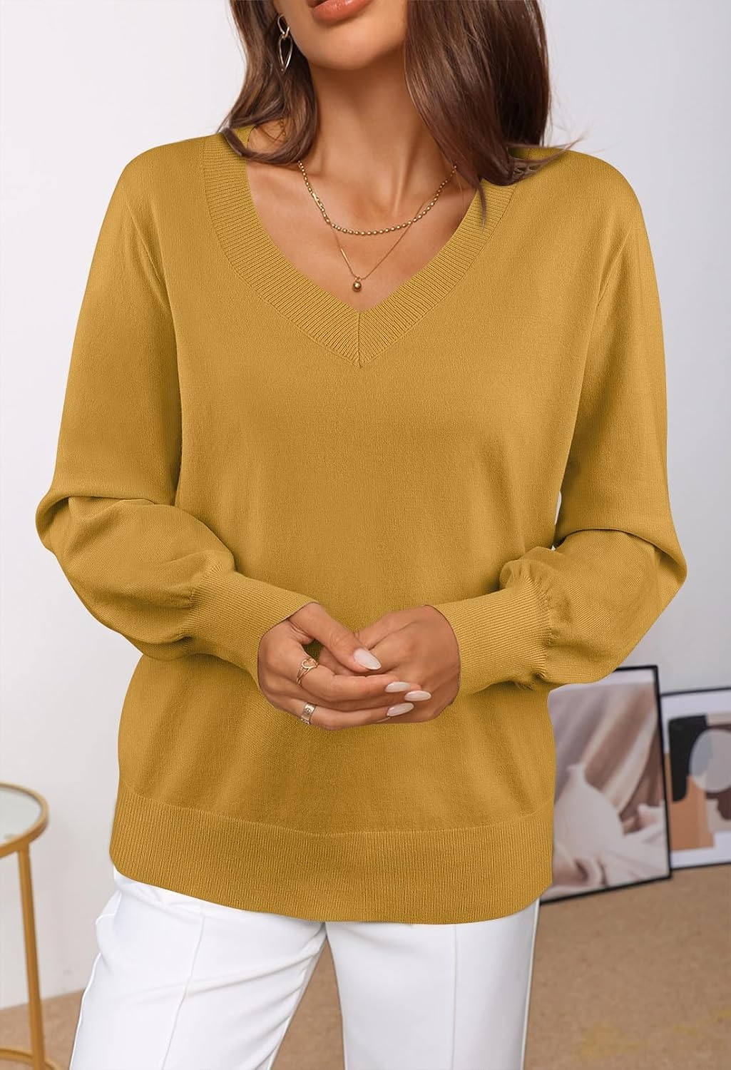 image:imageMEROKEETY Womens Fall Long Sleeve V Neck Sweaters Lightweight Knit TopsMustard