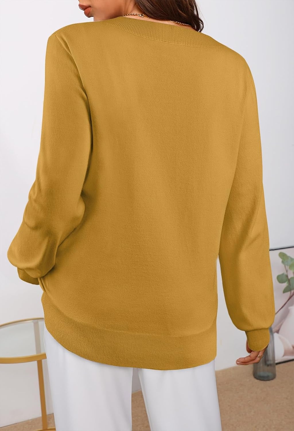image:imageMEROKEETY Womens Fall Long Sleeve V Neck Sweaters Lightweight Knit TopsMustard