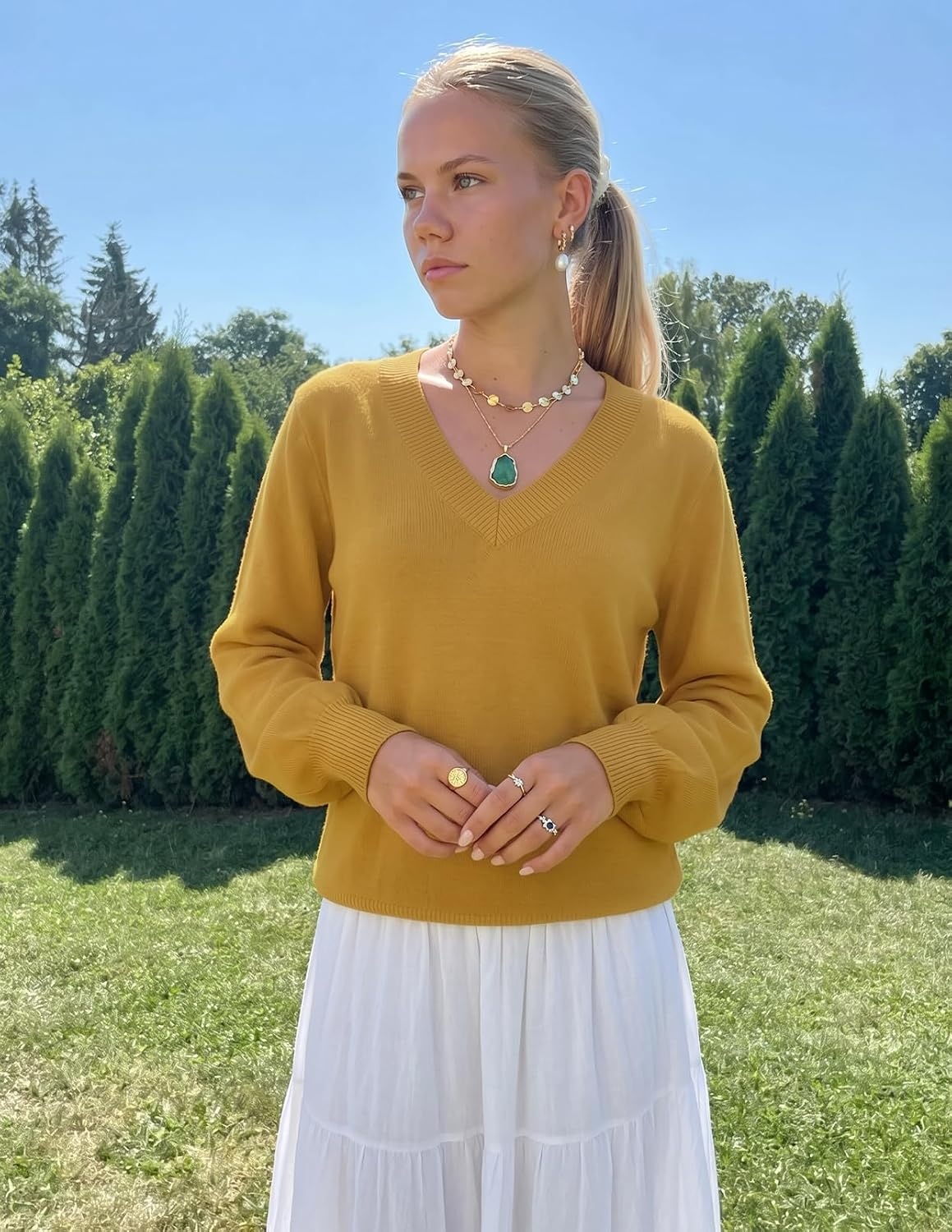 image:imageMEROKEETY Womens Fall Long Sleeve V Neck Sweaters Lightweight Knit TopsMustard