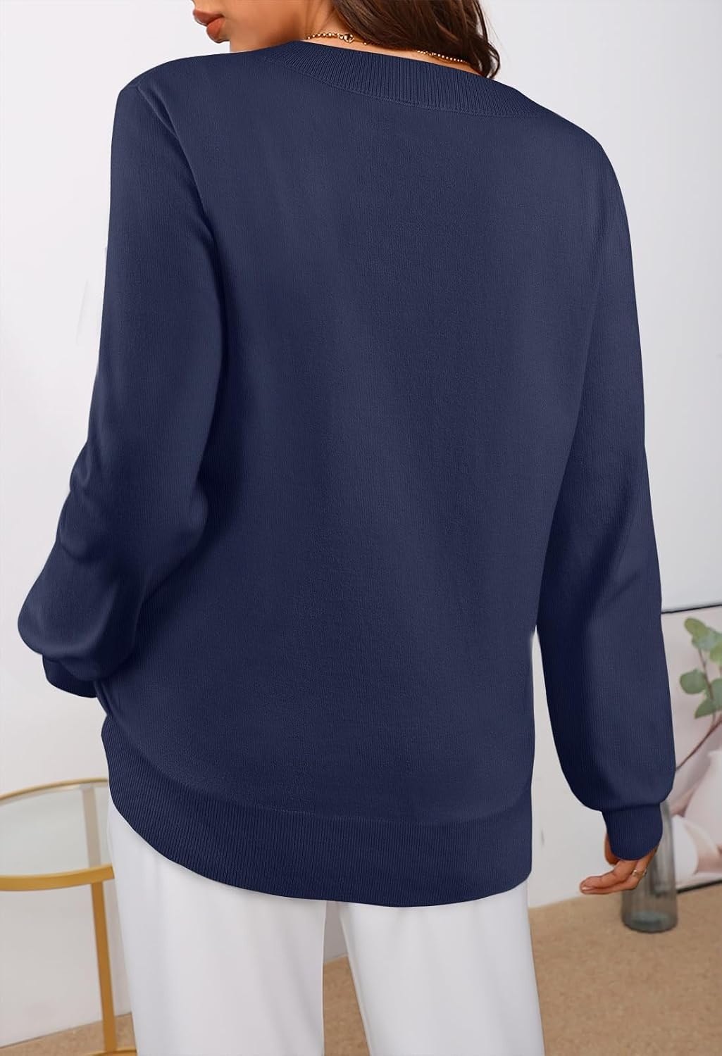 image:imageMEROKEETY Womens Fall Long Sleeve V Neck Sweaters Lightweight Knit TopsNavy