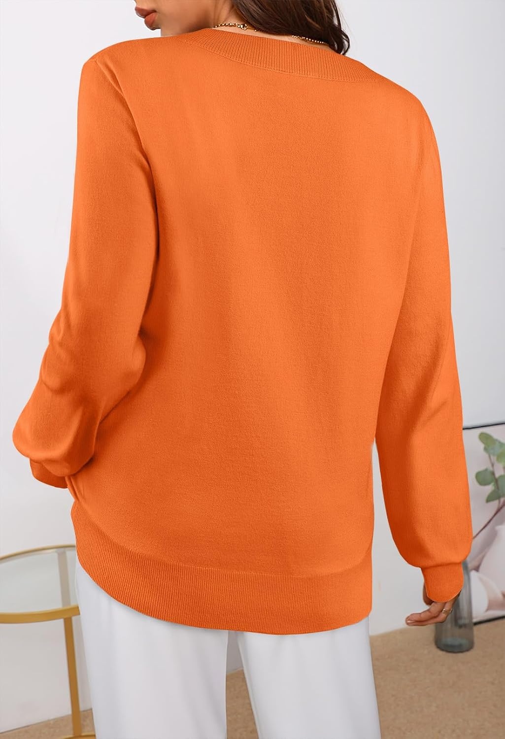 image:imageMEROKEETY Womens Fall Long Sleeve V Neck Sweaters Lightweight Knit TopsOrange