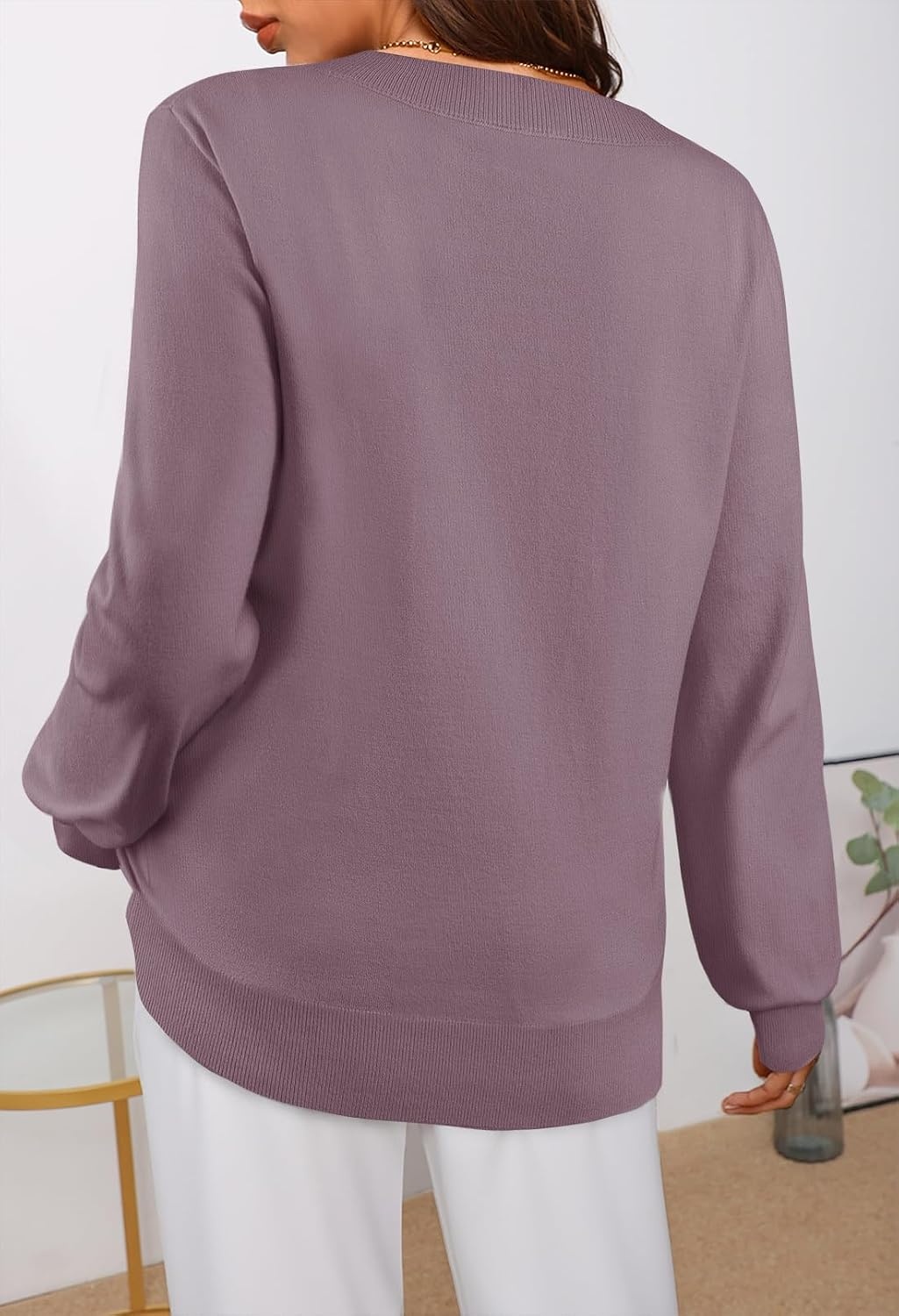 image:imageMEROKEETY Womens Fall Long Sleeve V Neck Sweaters Lightweight Knit TopsPurple