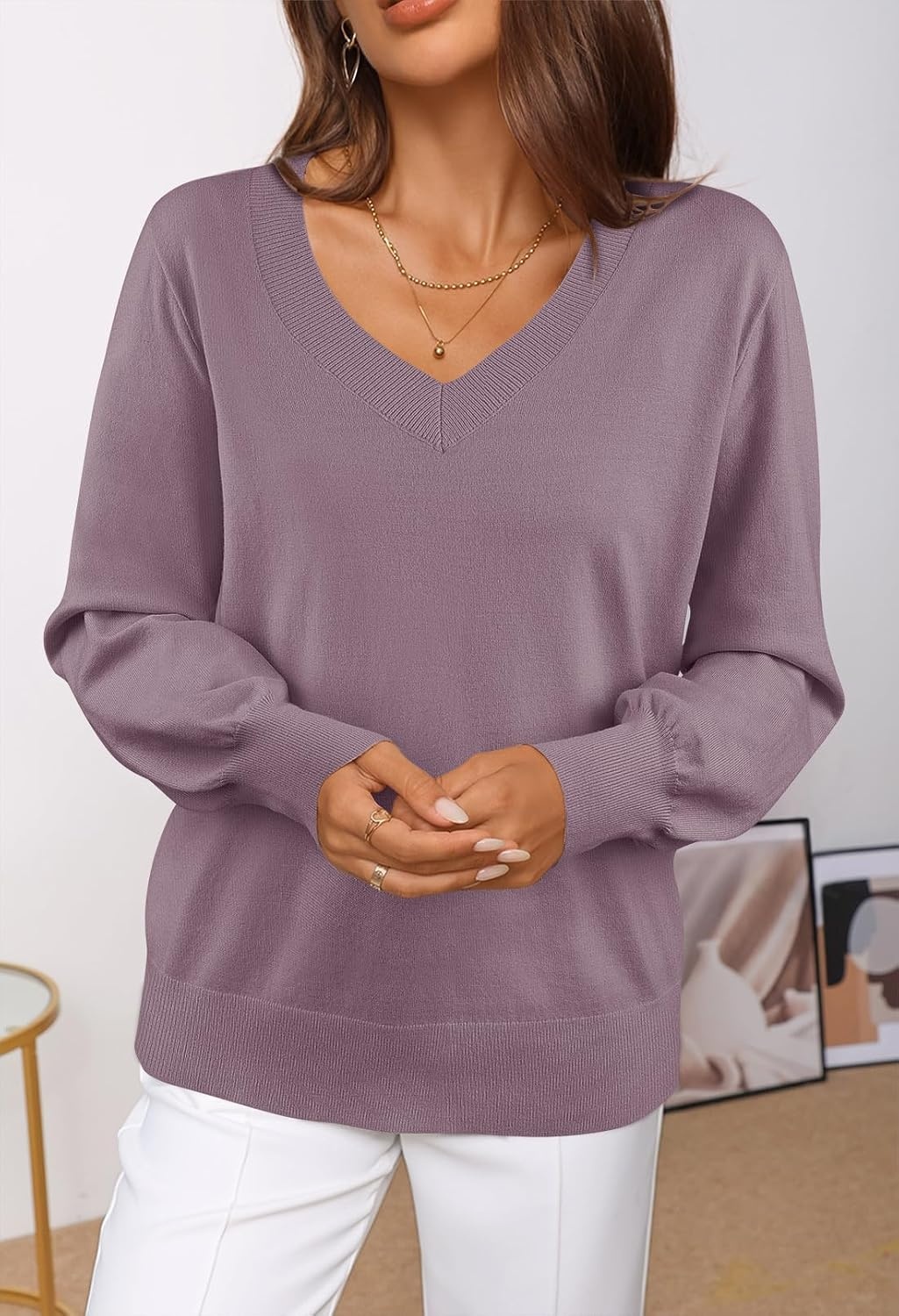 image:imageMEROKEETY Womens Fall Long Sleeve V Neck Sweaters Lightweight Knit TopsPurple