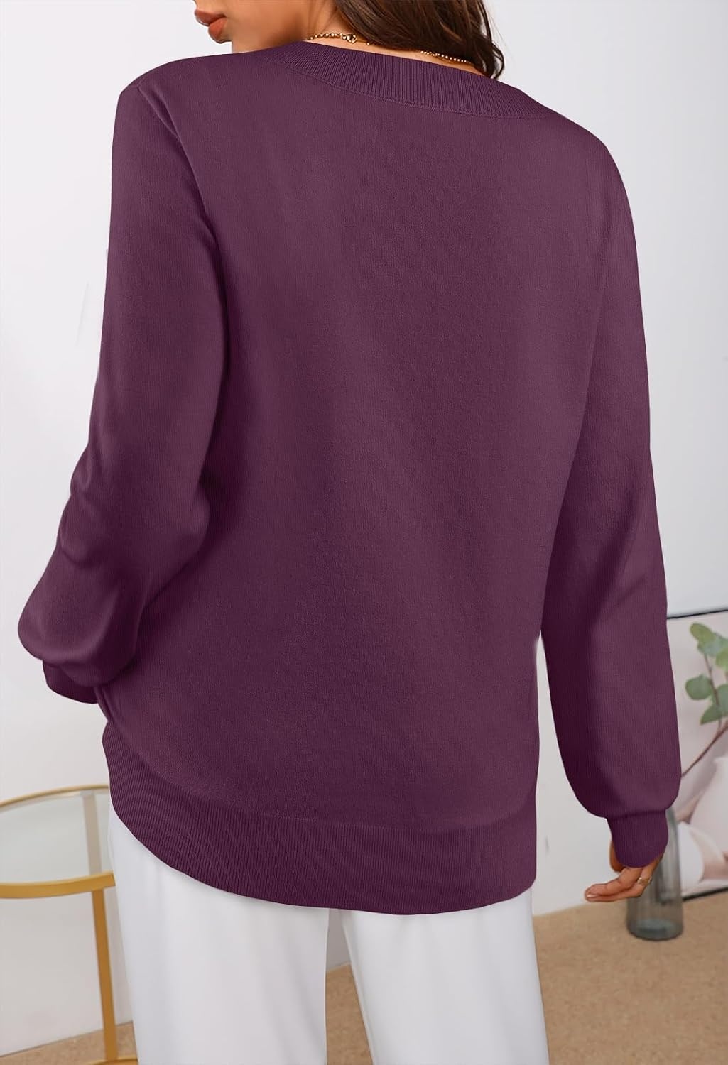 image:imageMEROKEETY Womens Fall Long Sleeve V Neck Sweaters Lightweight Knit TopsWine