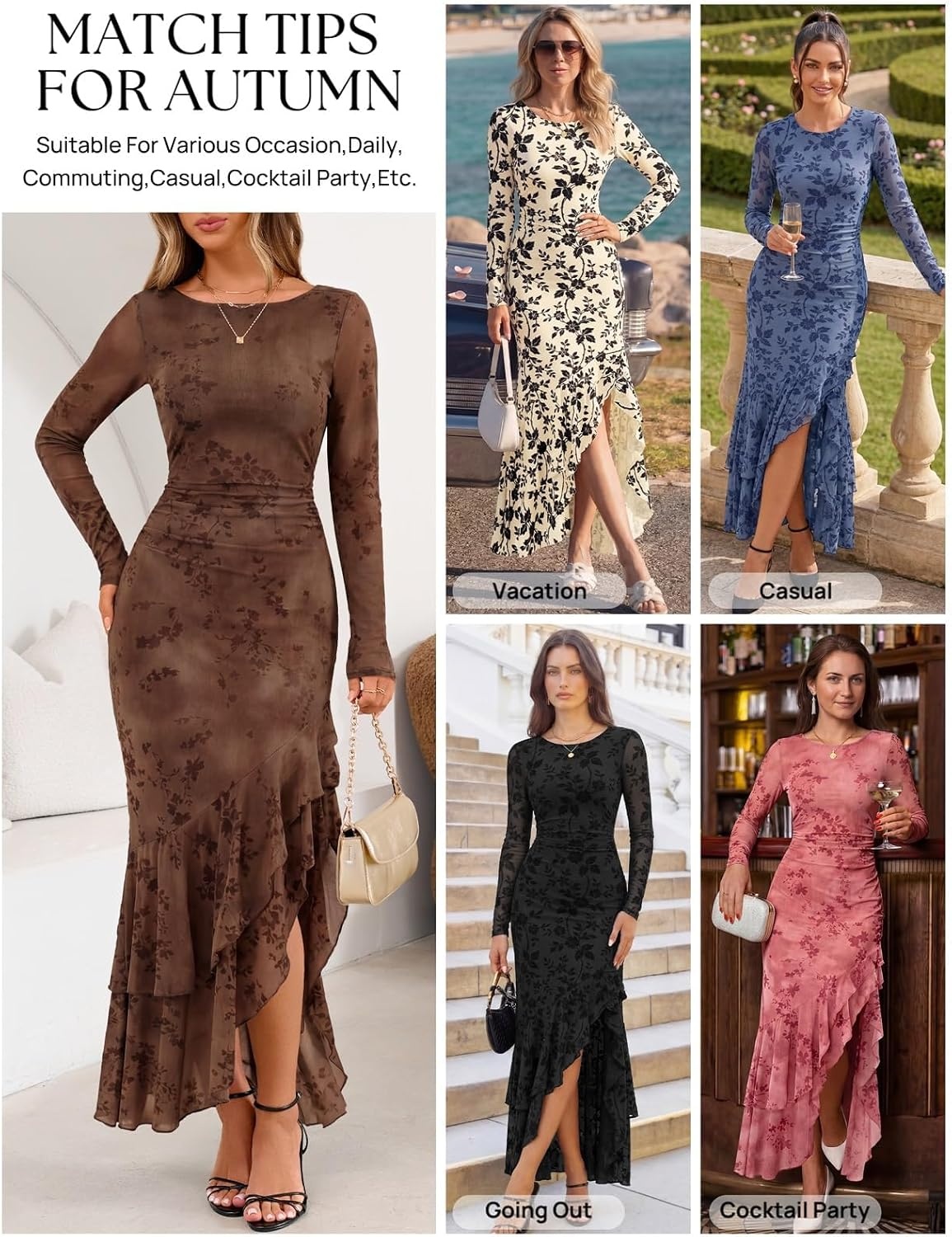 image:imageMEROKEETY Womens Fall Wedding Guest Cocktail Formal Maxi DressesBrown