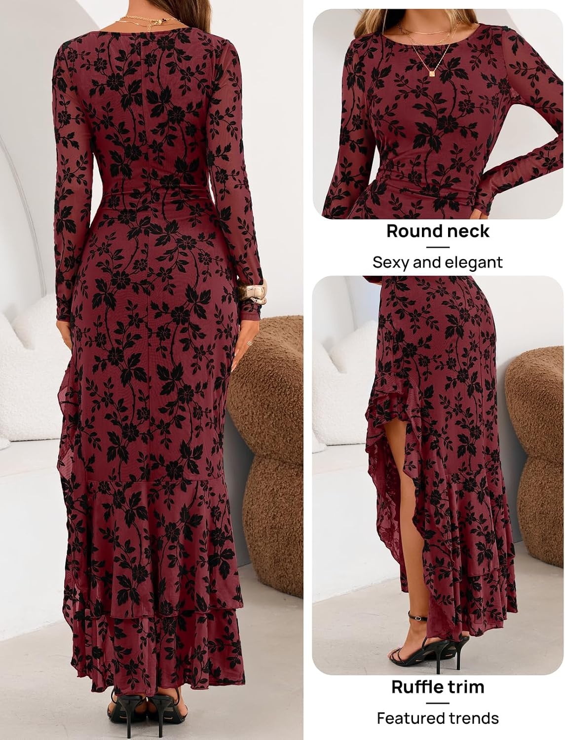 image:imageMEROKEETY Womens Fall Wedding Guest Cocktail Formal Maxi DressesWine