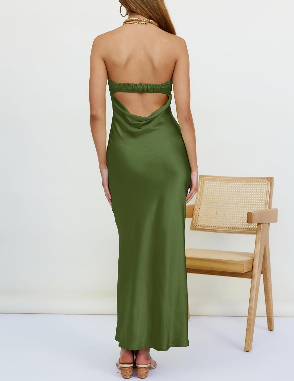 image:imageMEROKEETY Womens Satin Strapless Bodycon Wedding Guest Maxi DressArmygreen