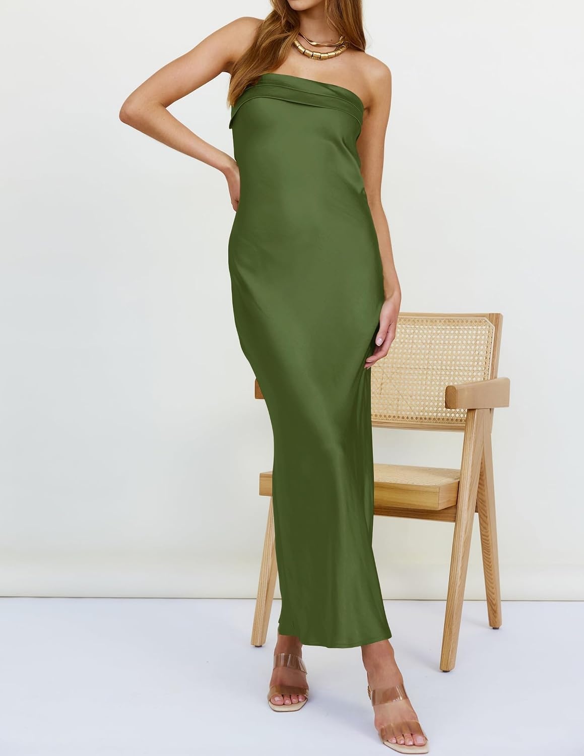 image:imageMEROKEETY Womens Satin Strapless Bodycon Wedding Guest Maxi DressArmygreen