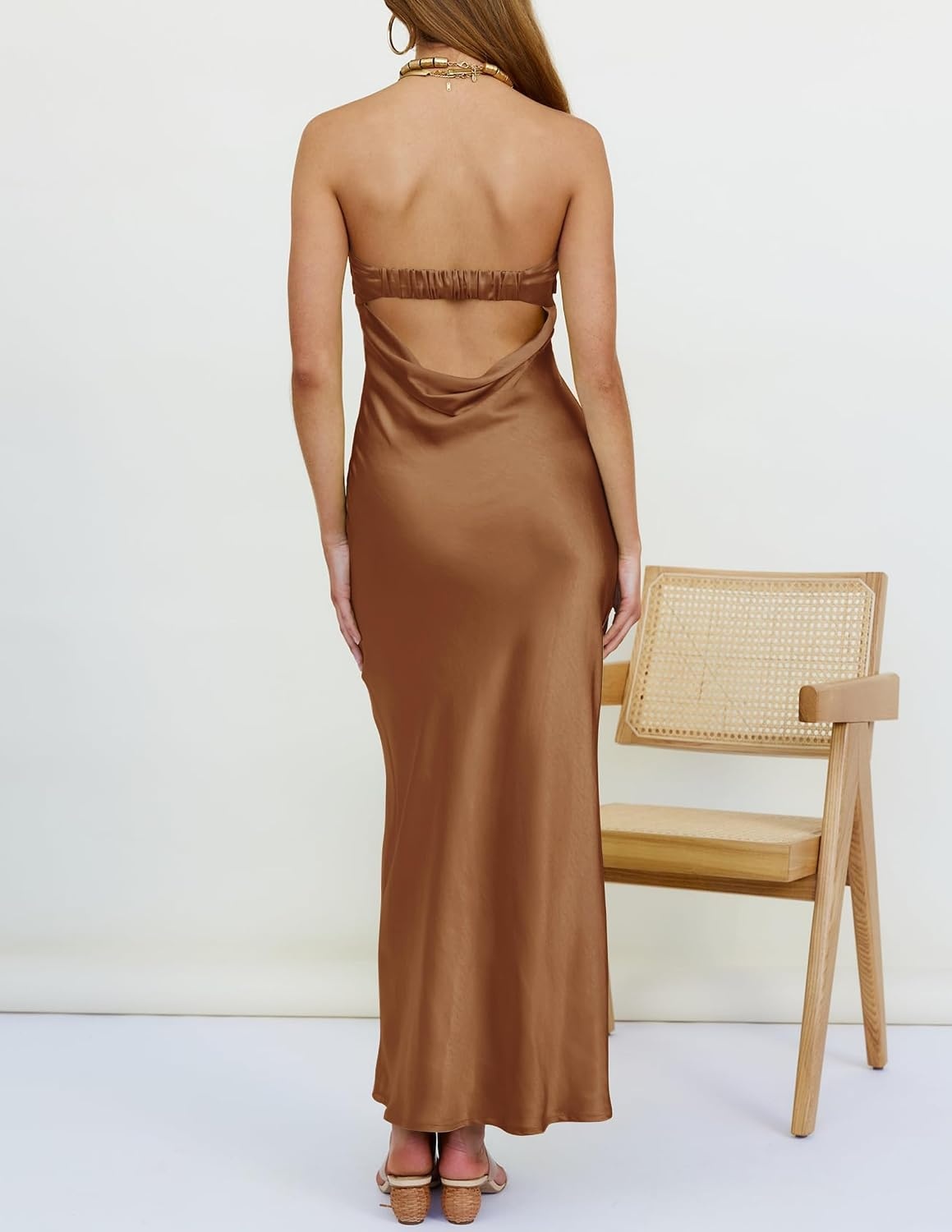 image:imageMEROKEETY Womens Satin Strapless Bodycon Wedding Guest Maxi DressBrown