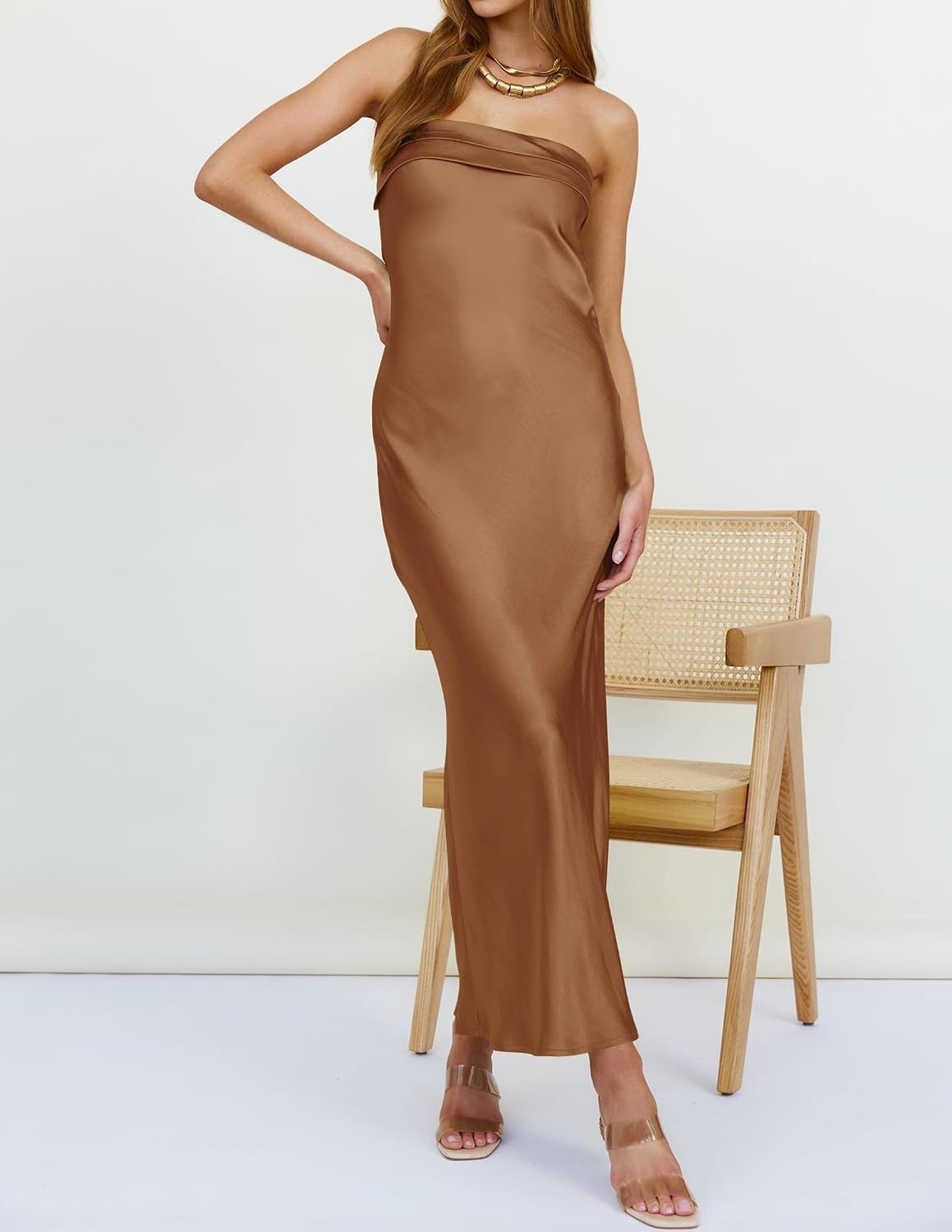 image:imageMEROKEETY Womens Satin Strapless Bodycon Wedding Guest Maxi DressBrown