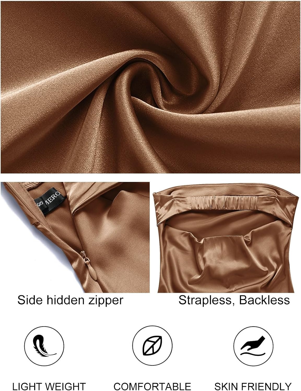 image:imageMEROKEETY Womens Satin Strapless Bodycon Wedding Guest Maxi DressBrown