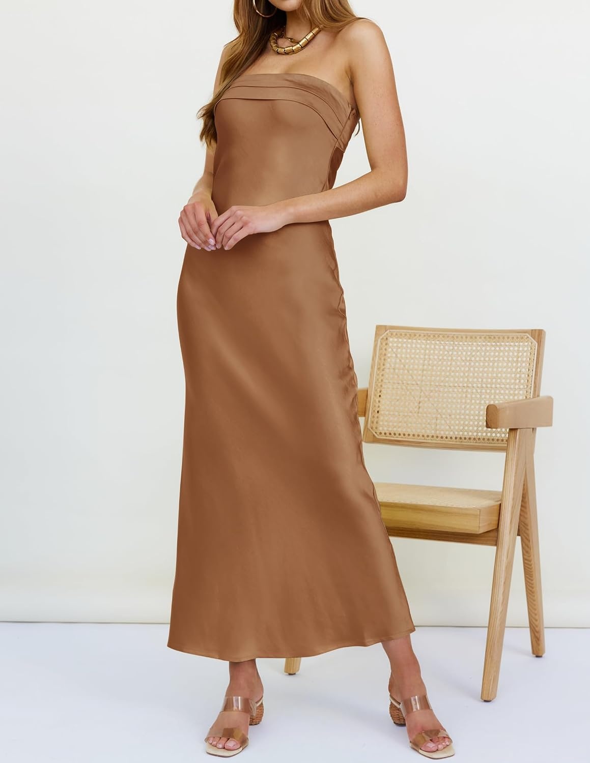 image:imageMEROKEETY Womens Satin Strapless Bodycon Wedding Guest Maxi DressBrown