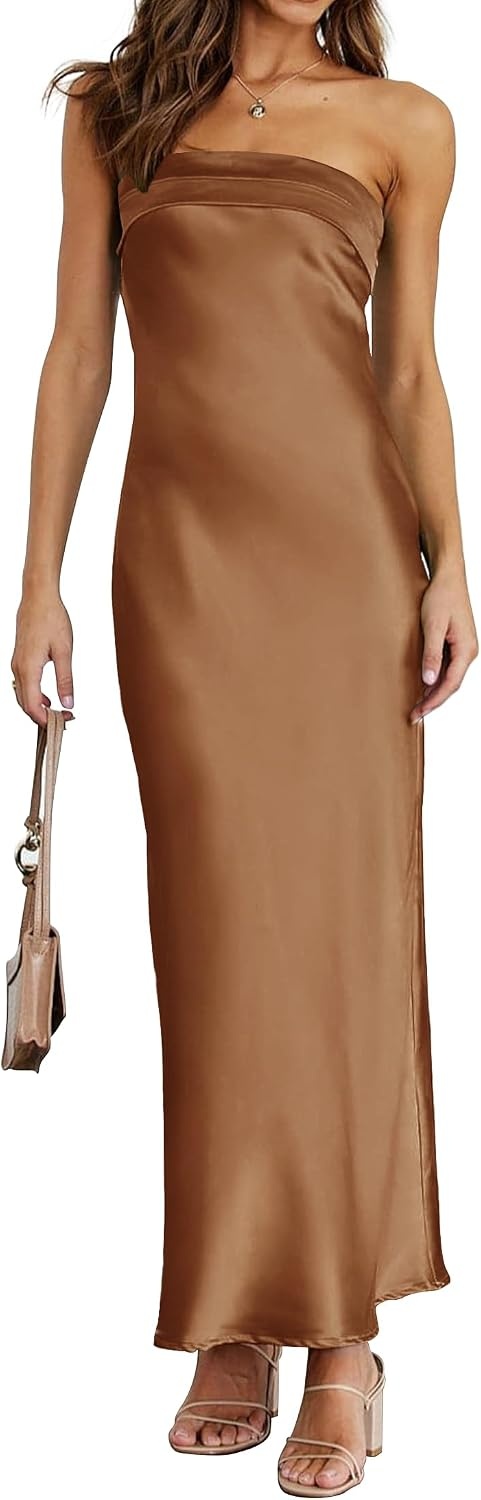 image:imageMEROKEETY Womens Satin Strapless Bodycon Wedding Guest Maxi DressBrown