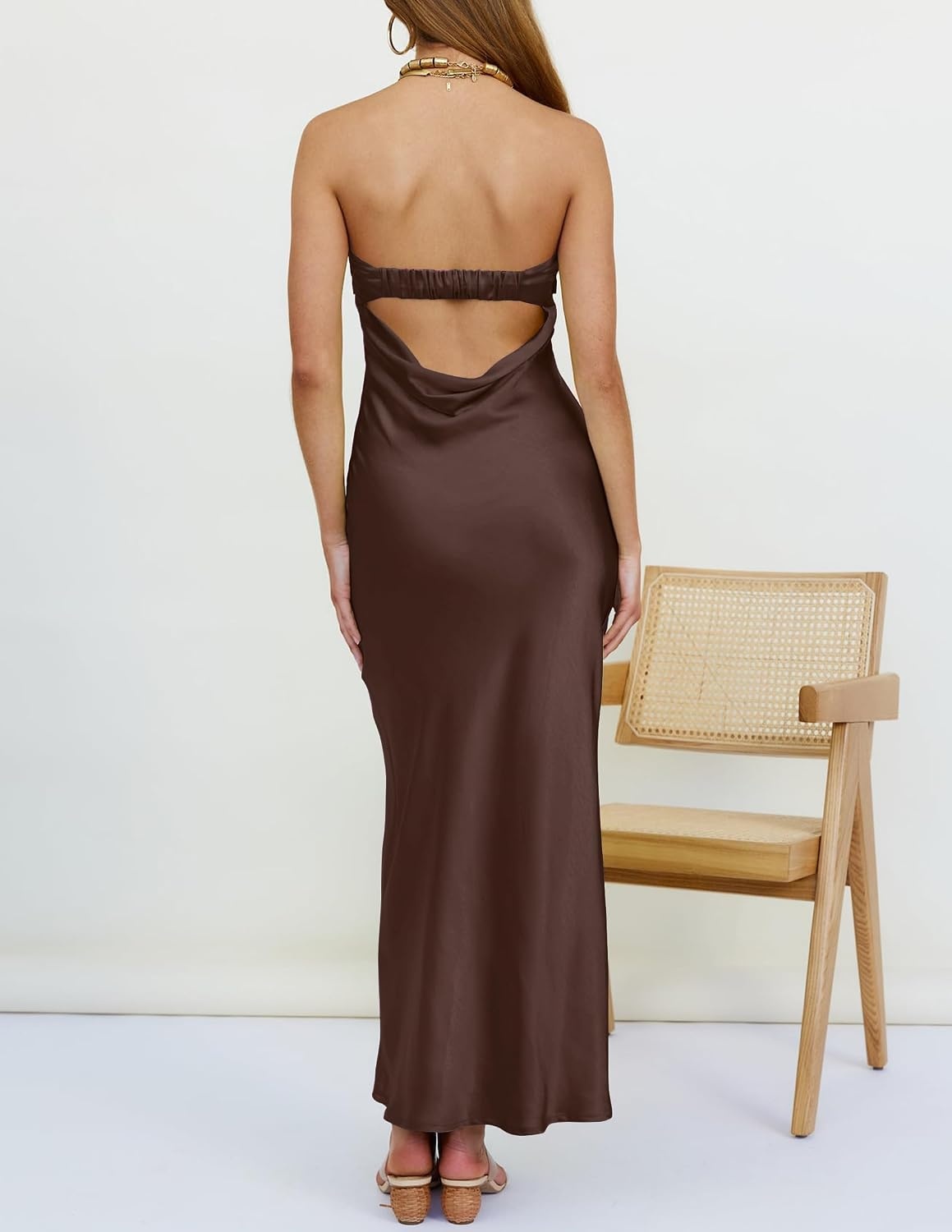 image:imageMEROKEETY Womens Satin Strapless Bodycon Wedding Guest Maxi DressCoffee