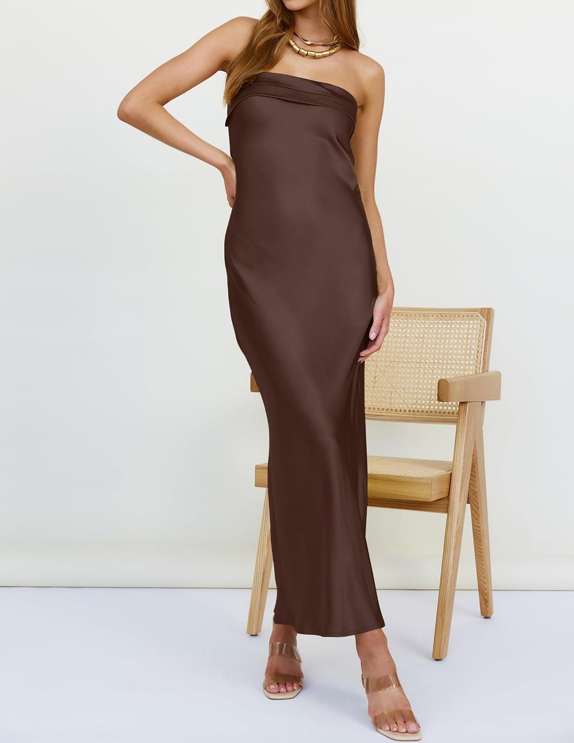 image:imageMEROKEETY Womens Satin Strapless Bodycon Wedding Guest Maxi DressCoffee